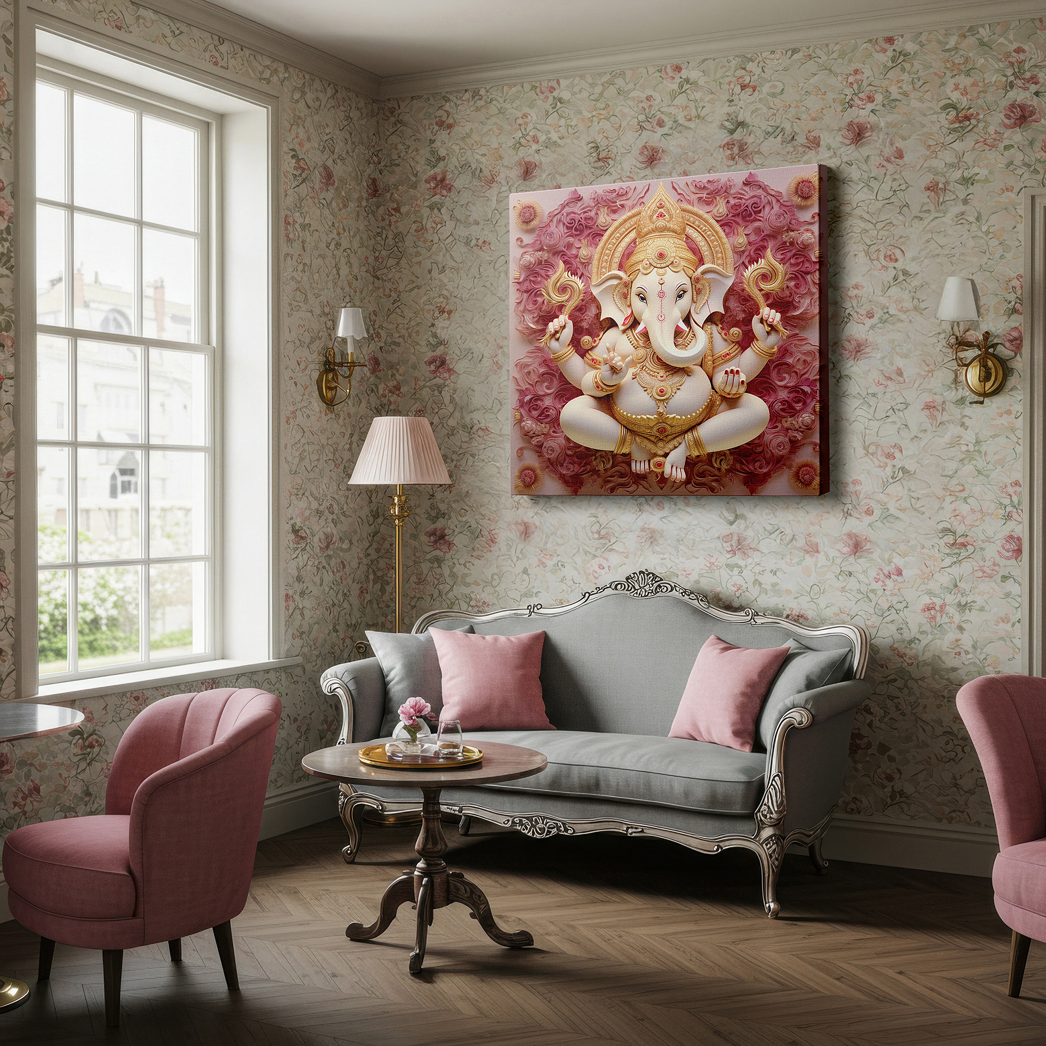 Framed by abstract decor and natural-toned accessories — lord ganesh wall art for living room: a blend of sacred symbols and contemporary design, ideal for home and office decor, available in large canvas formats