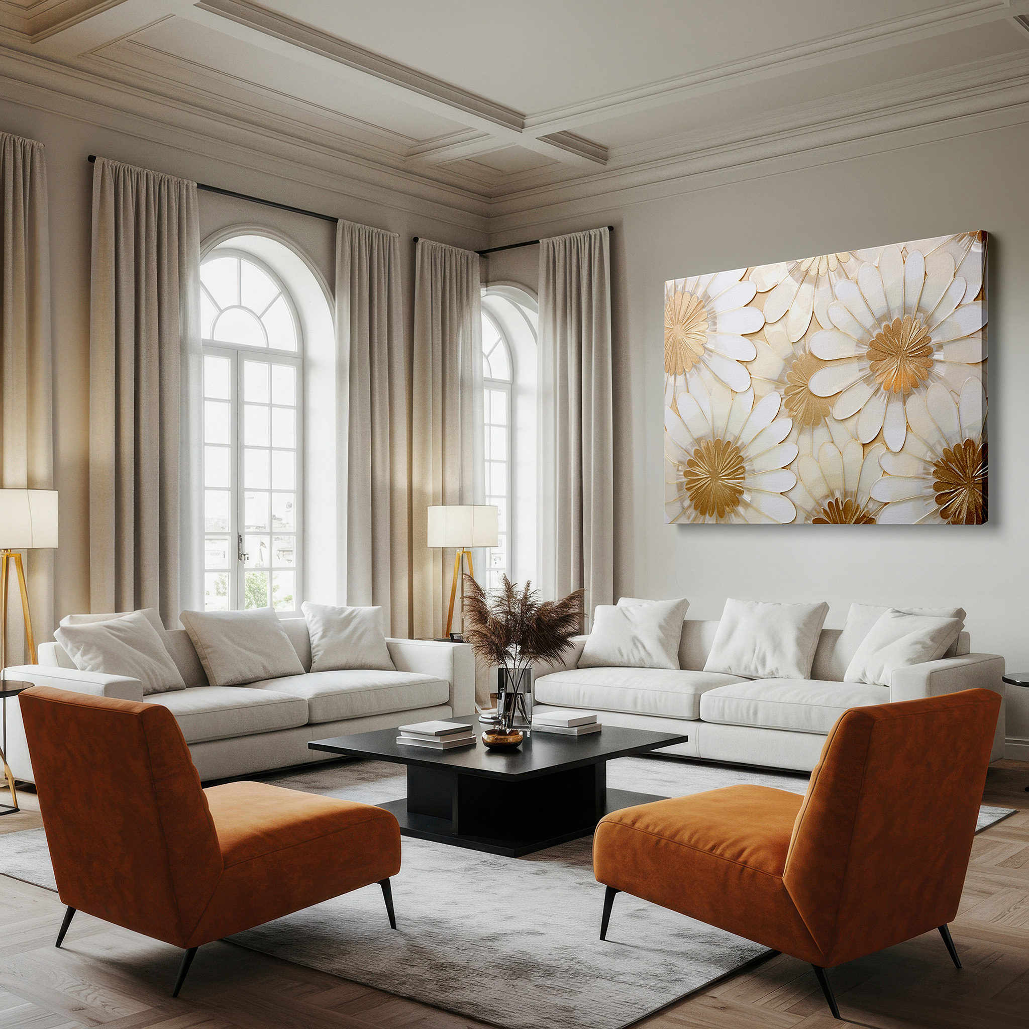 Framed by abstract decor and natural-toned accessories — luxurious floral symphony in gold and light - large canvas wall art for office and bedroom decor