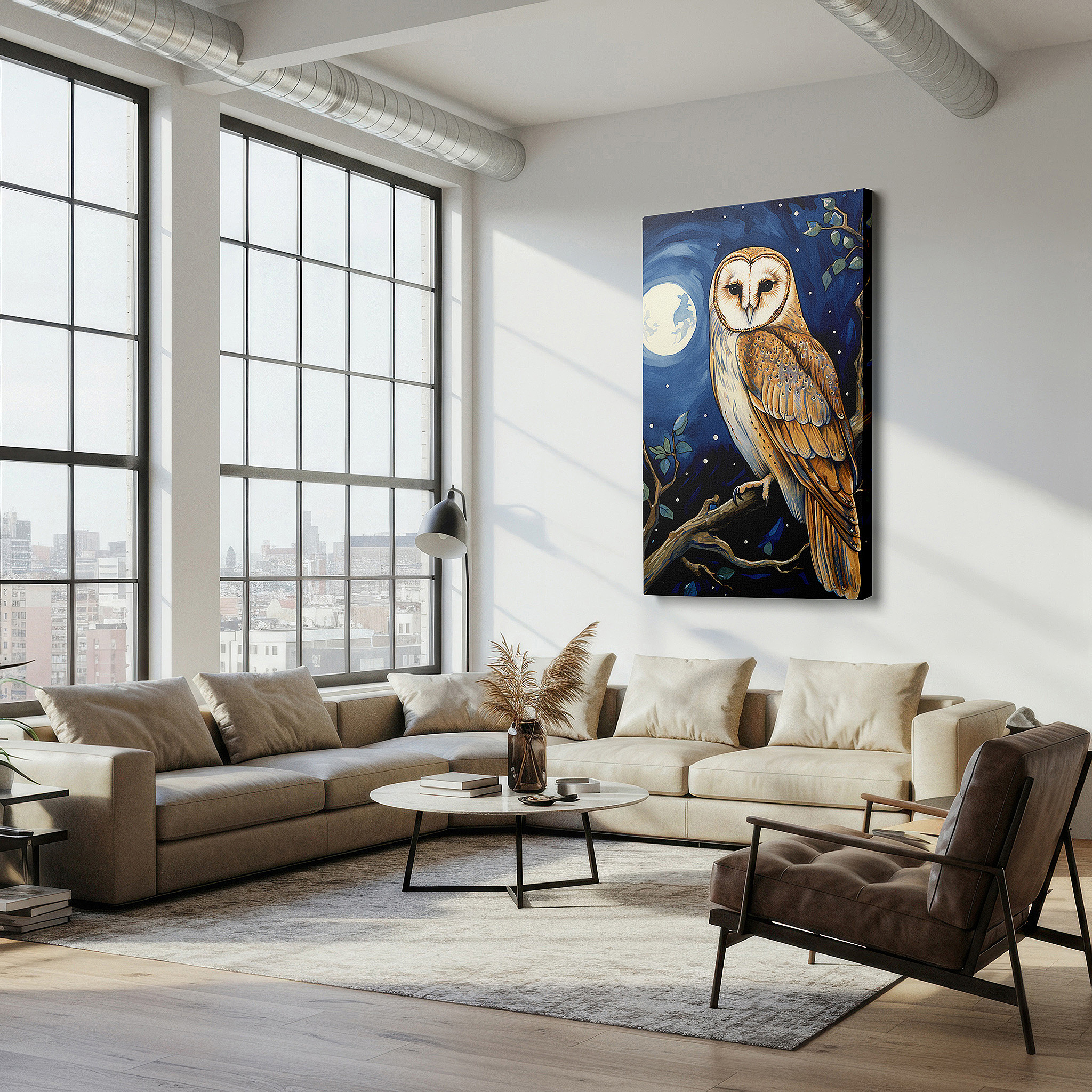 Framed by abstract decor and natural-toned accessories — majestic barn owl under a starlit sky: experience the serenity of nature's nighttime splendor with large canvas wall art for home and office decor