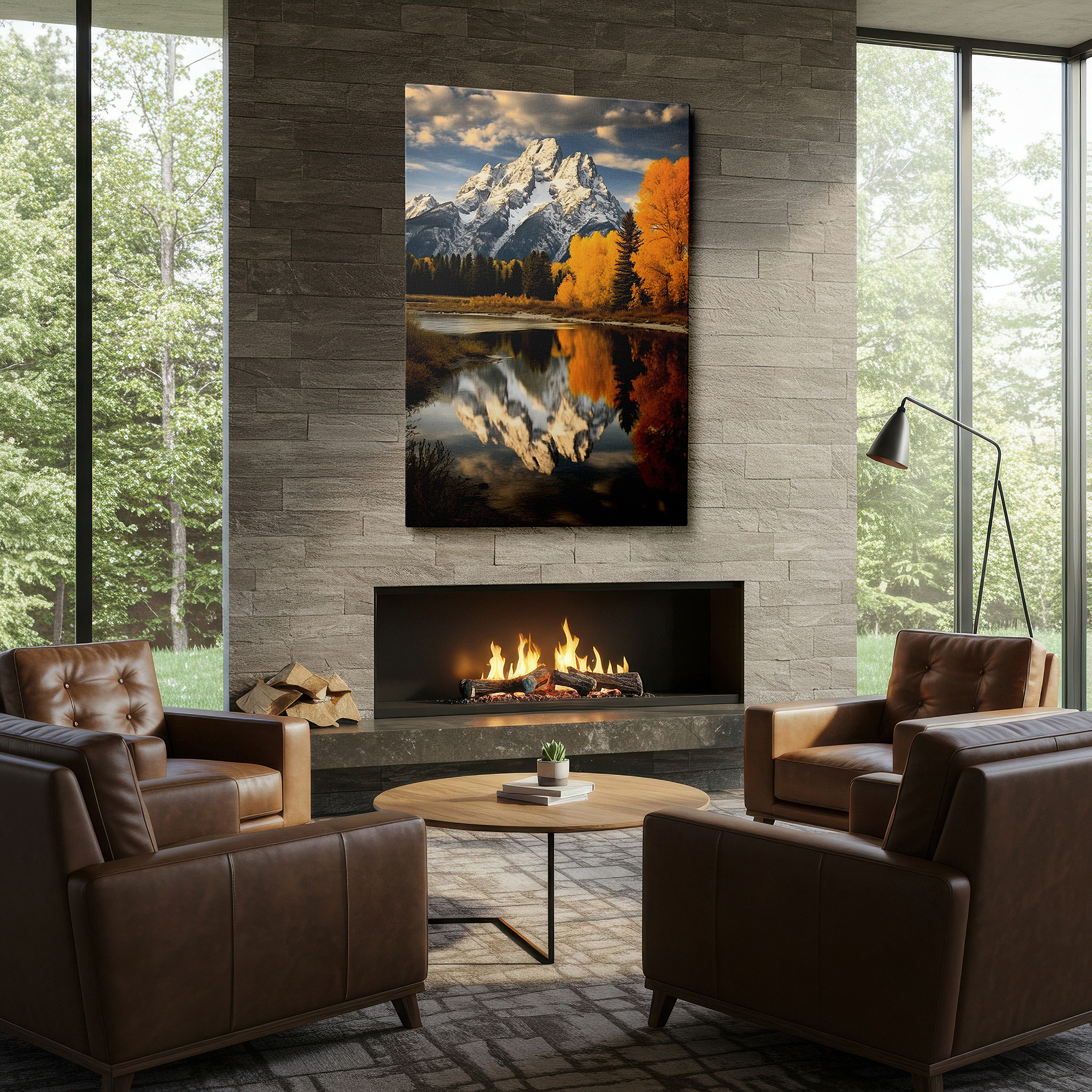 Framed by abstract decor and natural-toned accessories — majestic mountains and autumn reflections in a tranquil lake: large canvas wall art for office, bedroom, and living room decor