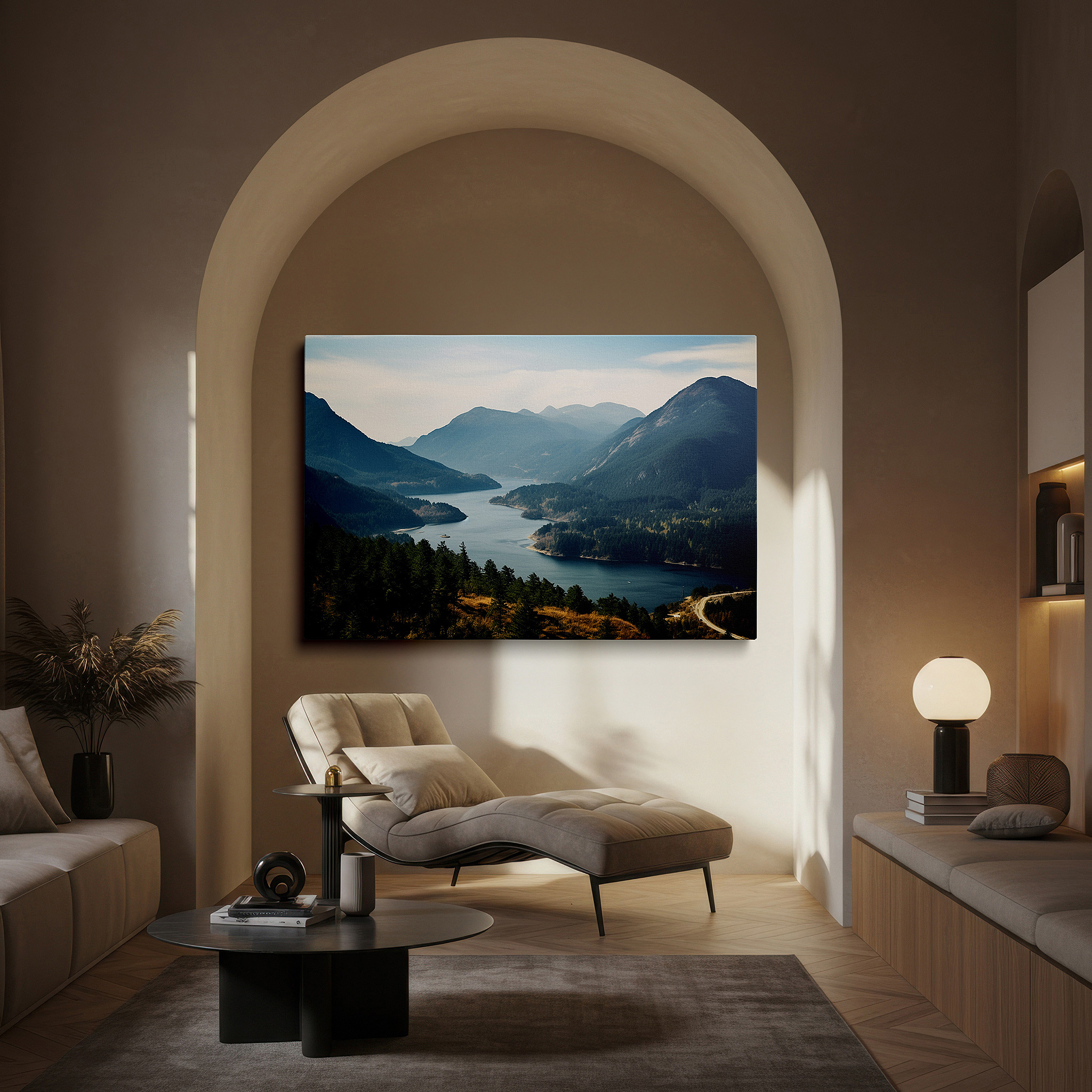 Framed by abstract decor and natural-toned accessories — majestic mountains and tranquil river - serene landscape of lasting beauty large wall art, canvas wall art, wall decor for office and bedroom
