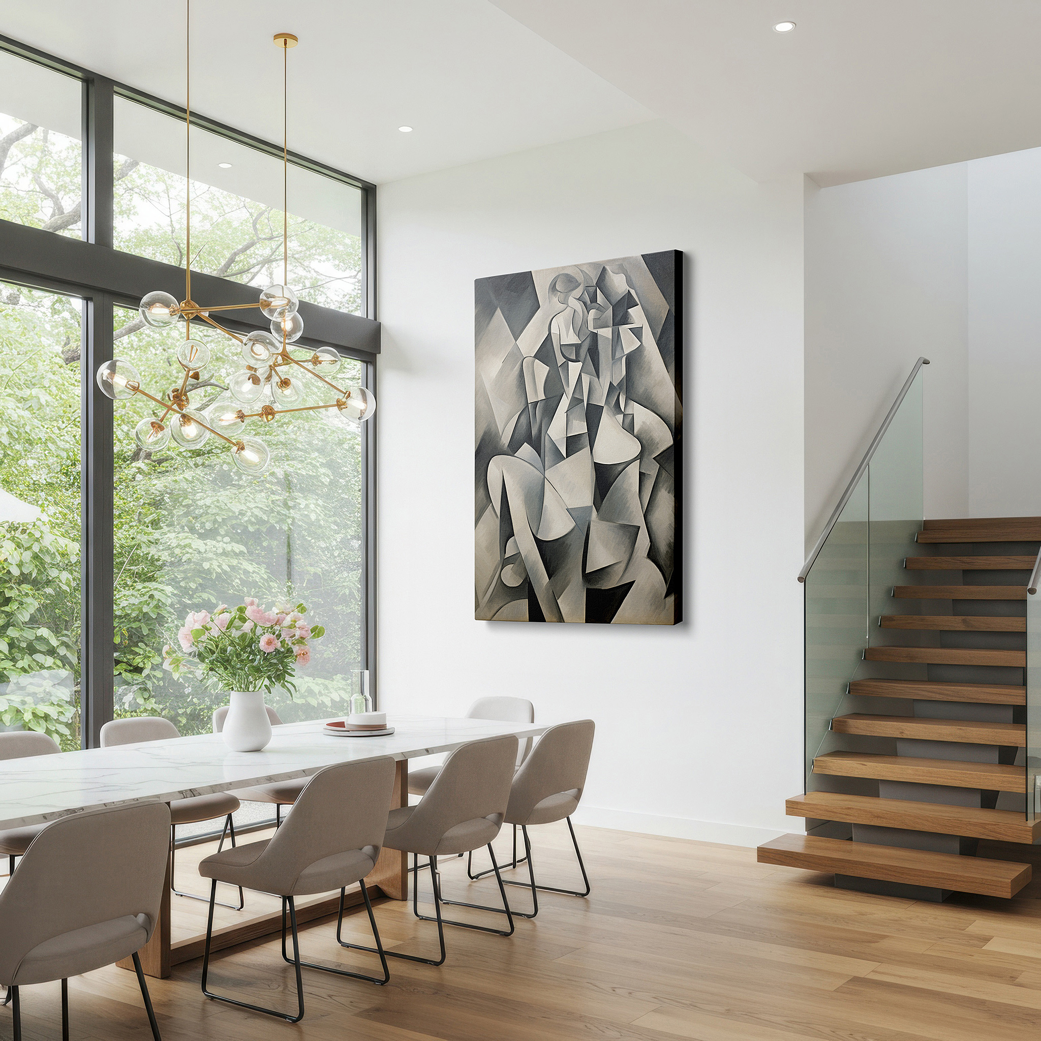 Framed by abstract decor and natural-toned accessories — masterful black and white cubist artwork, conveying emotional depth and dynamic interaction, ideal for large wall spaces, canvas wall art, office decor