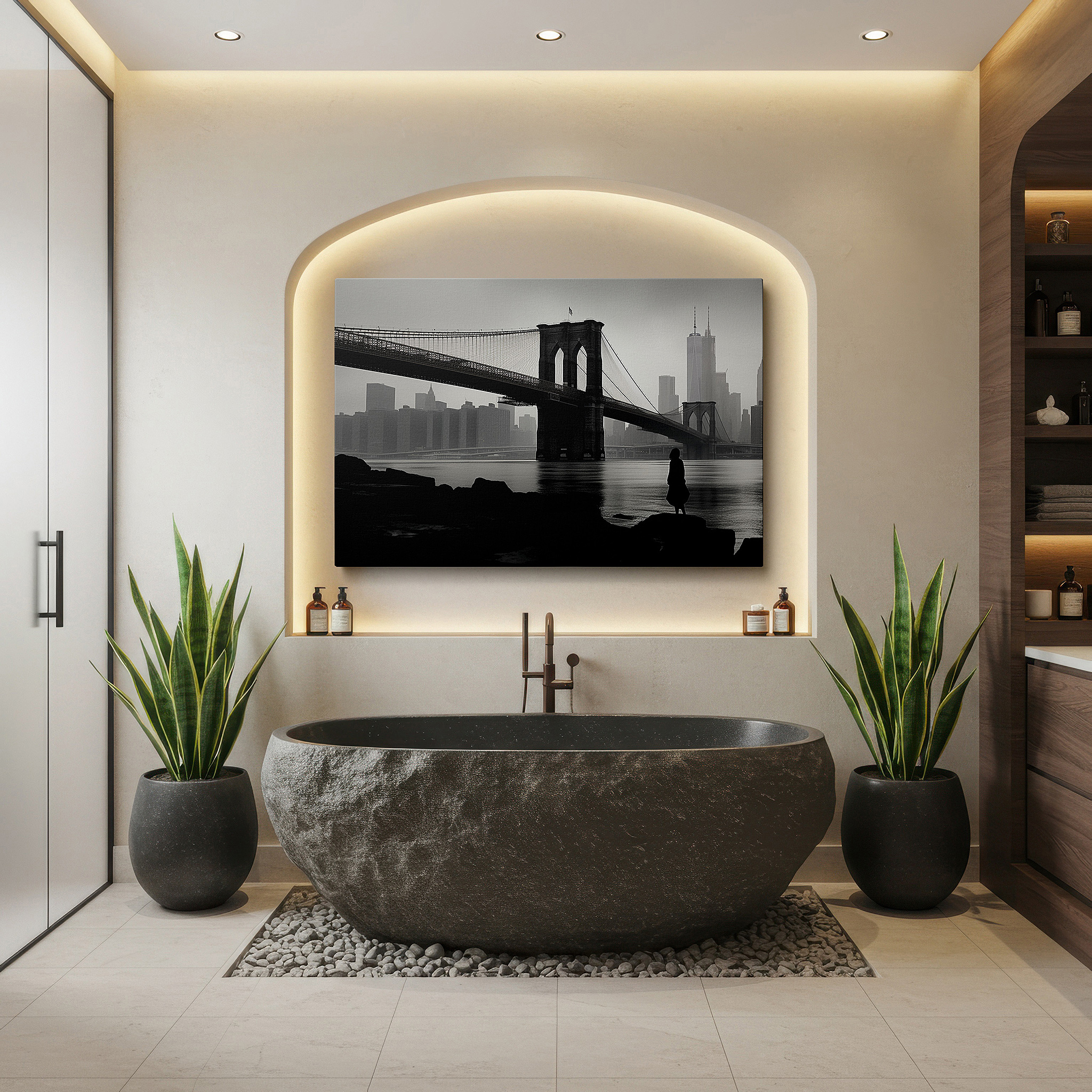 Framed by abstract decor and natural-toned accessories — misty brooklyn bridge solitary contemplation large canvas wall art for office and bedroom decor