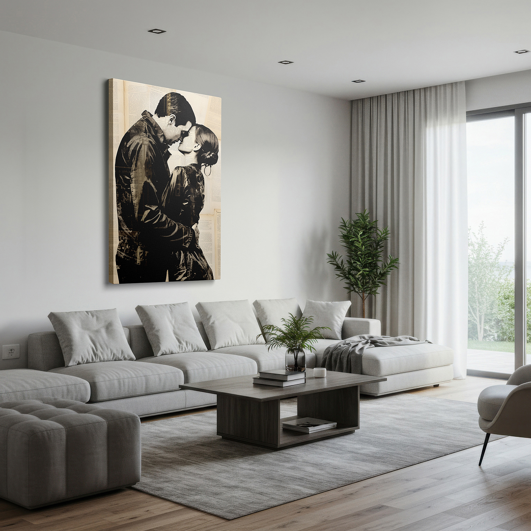 Framed by abstract decor and natural-toned accessories — monochrome abstract embrace: exploring love and intimacy, large canvas wall art for office and bedroom decor
