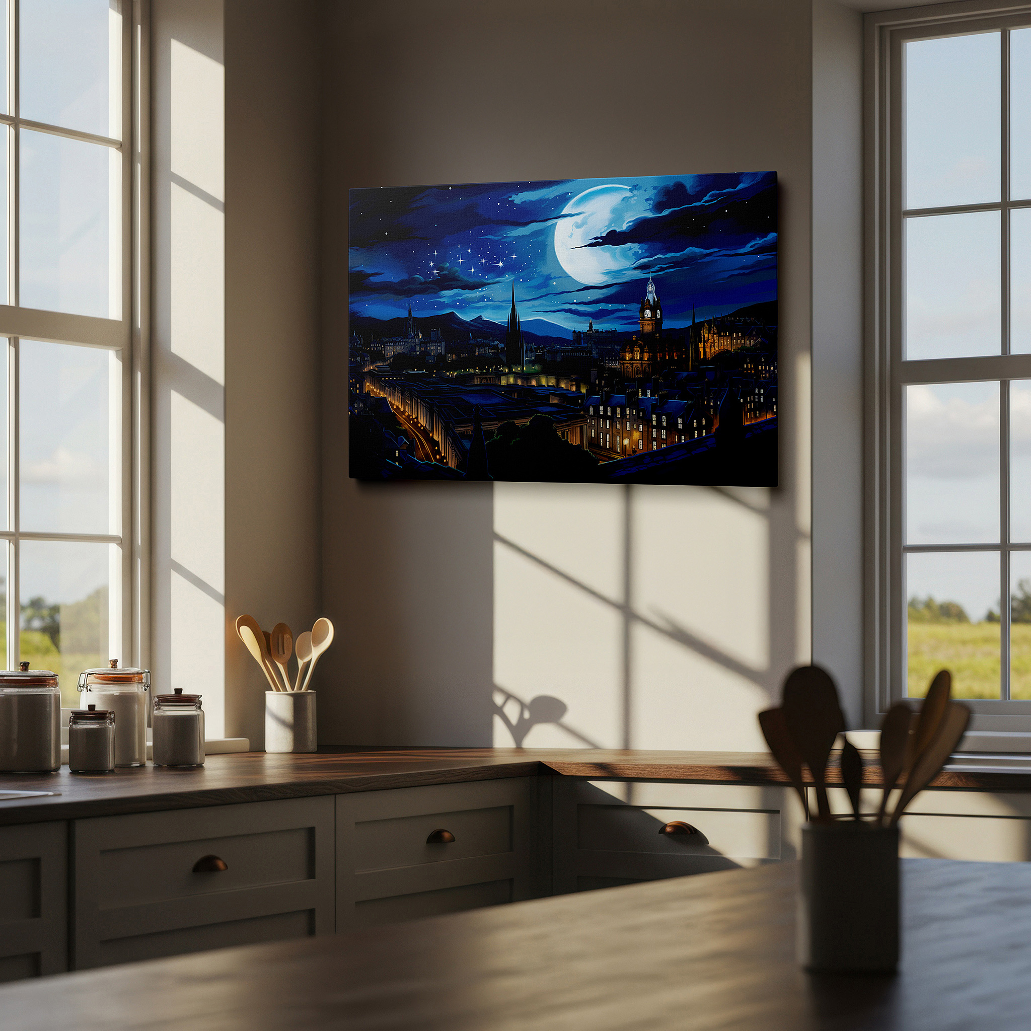 Framed by abstract decor and natural-toned accessories — moonlit majesty above edinburgh's historic skyline: a nighttime tapestry of gothic spires and neoclassical grandeur - large canvas wall art