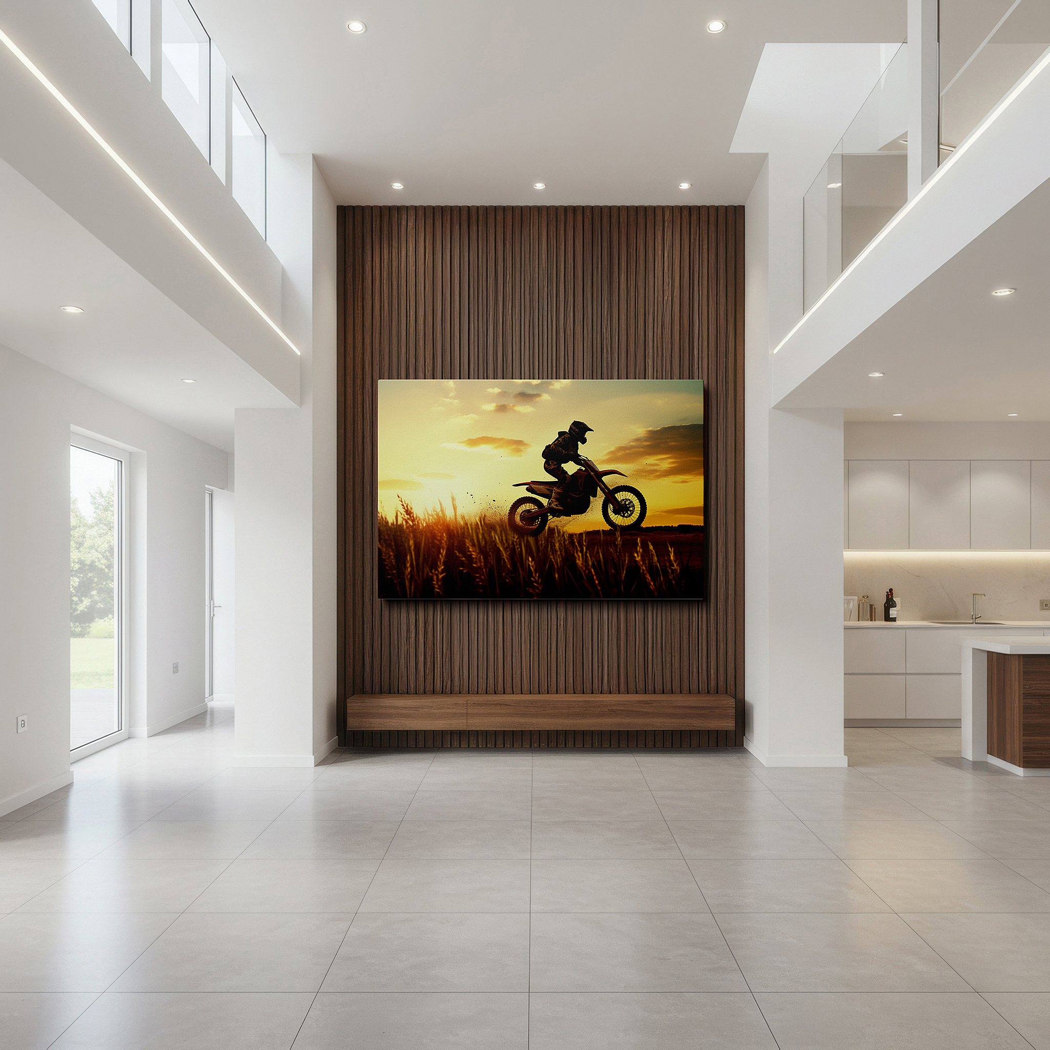 Framed by abstract decor and natural-toned accessories — motocross magic at sunset over golden wheat field: large canvas wall art for office, bedroom, and living room decor