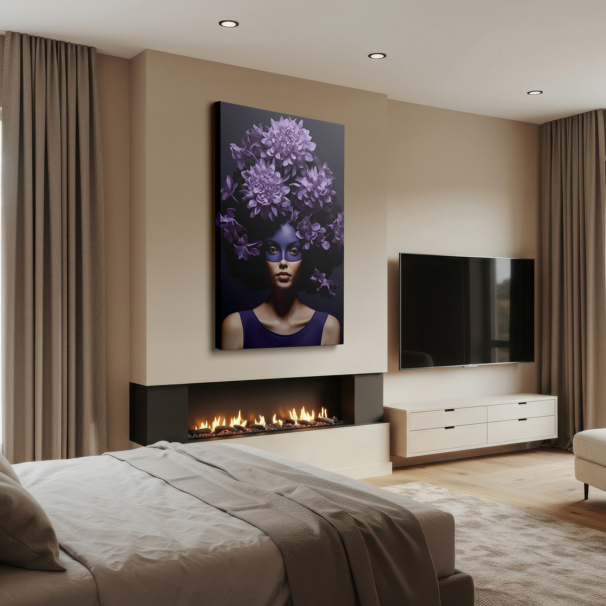 Framed by abstract decor and natural-toned accessories — mysterious portrait of a woman in a mask surrounded by purple flowers, exploring identity and mystery - large wall art, canvas print, home and office decor
