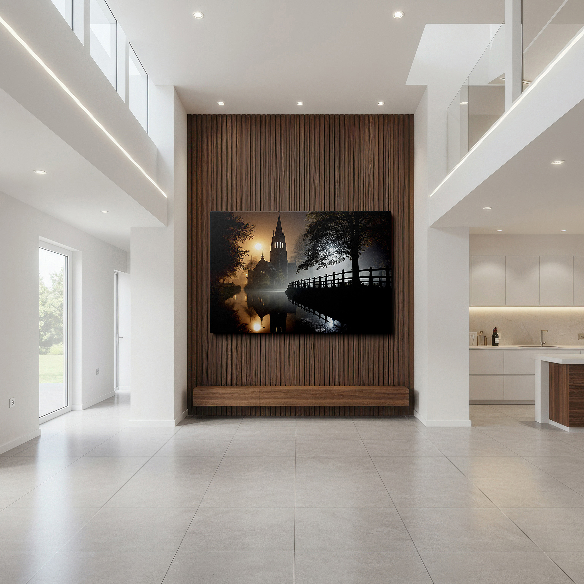 Framed by abstract decor and natural-toned accessories — mystical and peaceful fog-covered lake church large wall art, canvas wall art, wall decor for office, bedroom, and living room