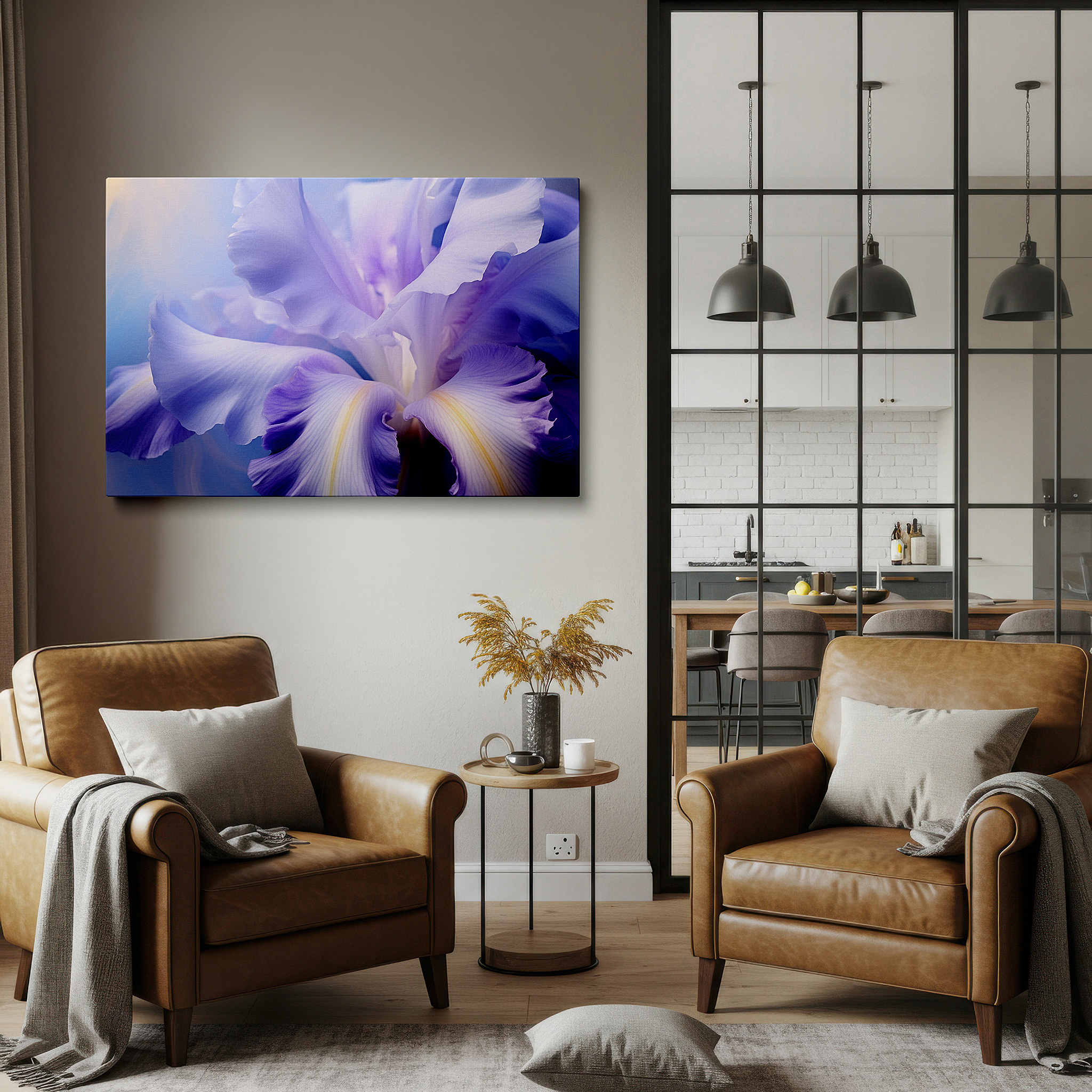 Framed by abstract decor and natural-toned accessories — purple iris close-up: serene masterpiece for tranquil spaces - large canvas wall art ideal for office and bedroom decor