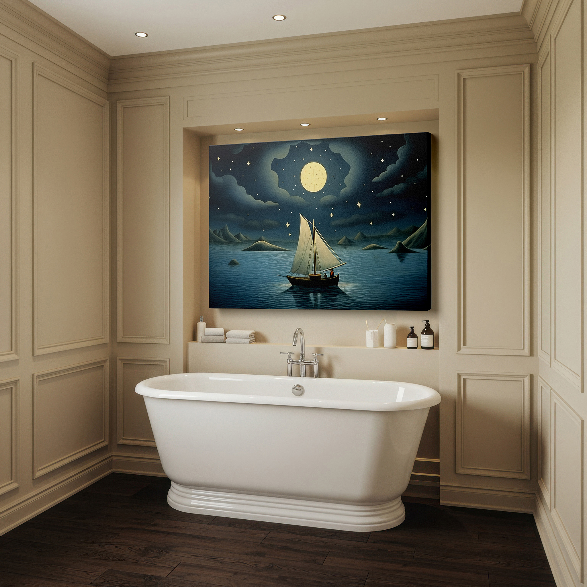 Framed by abstract decor and natural-toned accessories — sailboat under starlit skies wall art - tranquil journey across calm waters, large canvas wall decor for office and bedroom
