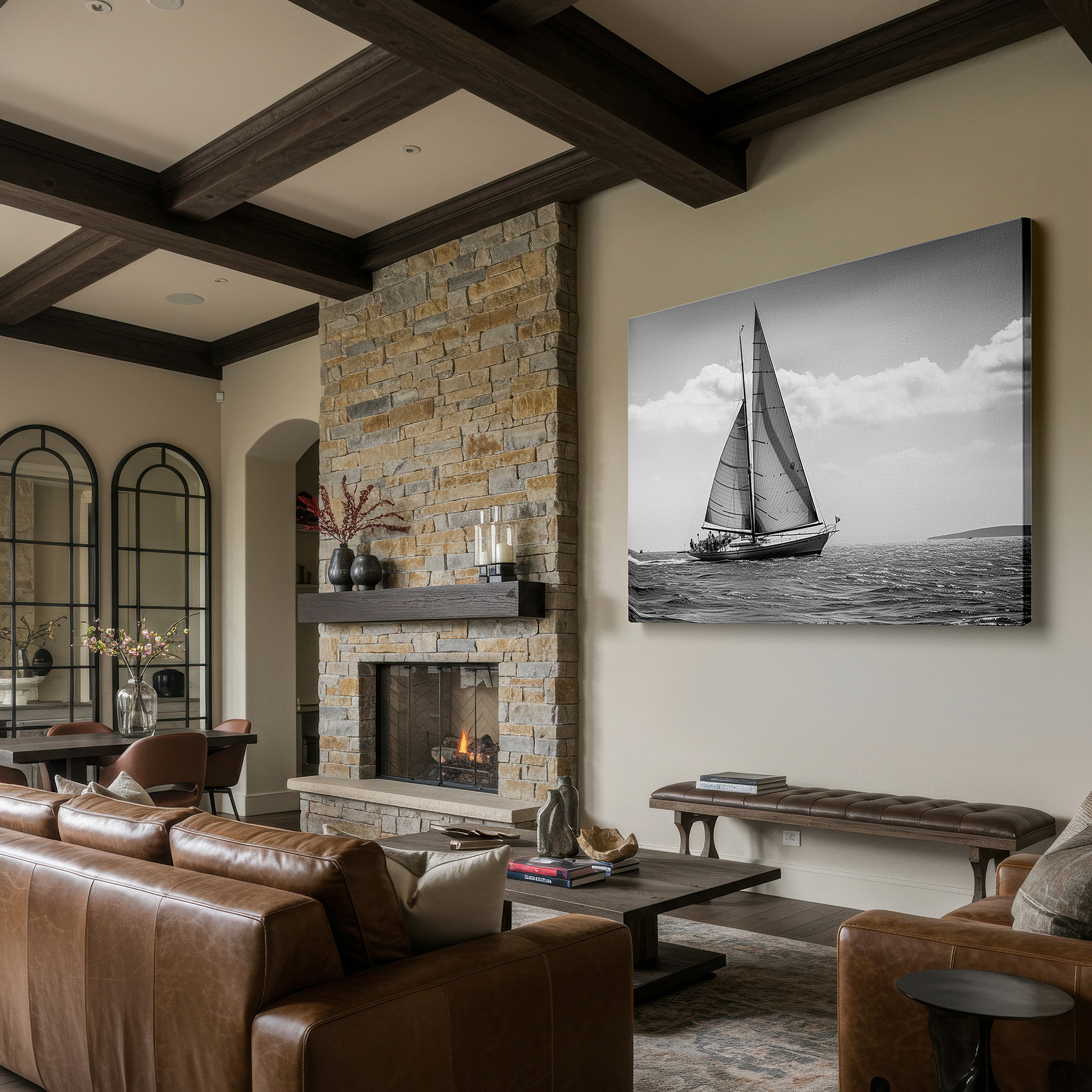 Framed by abstract decor and natural-toned accessories — sailing into solitude - a monochrome voyage of tranquility and reflection: large wall art, canvas wall art, wall decor for office and bedroom