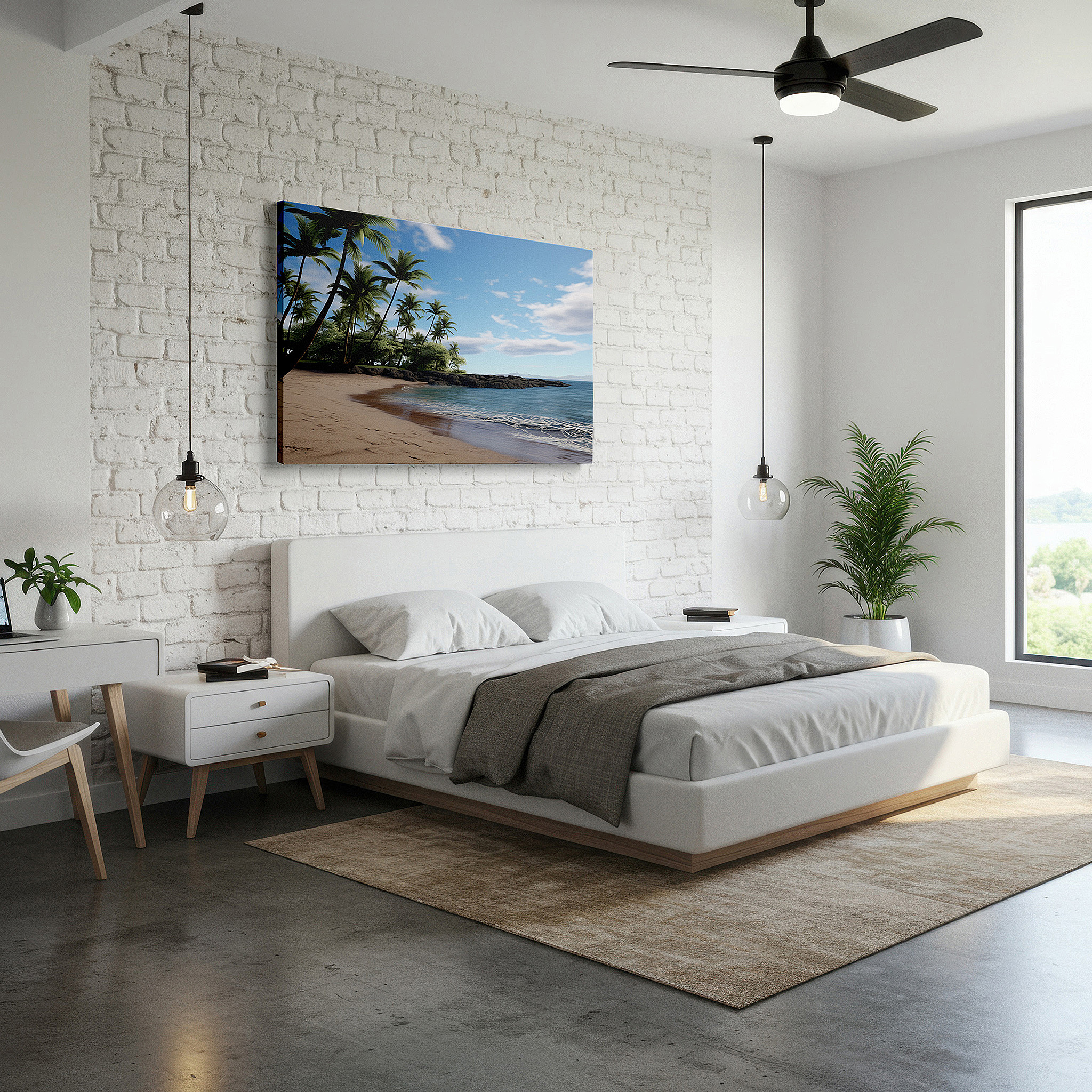 Framed by abstract decor and natural-toned accessories — serene coastal beach scene with palm trees and reflective ocean waters - large canvas wall art for office and bedroom decor