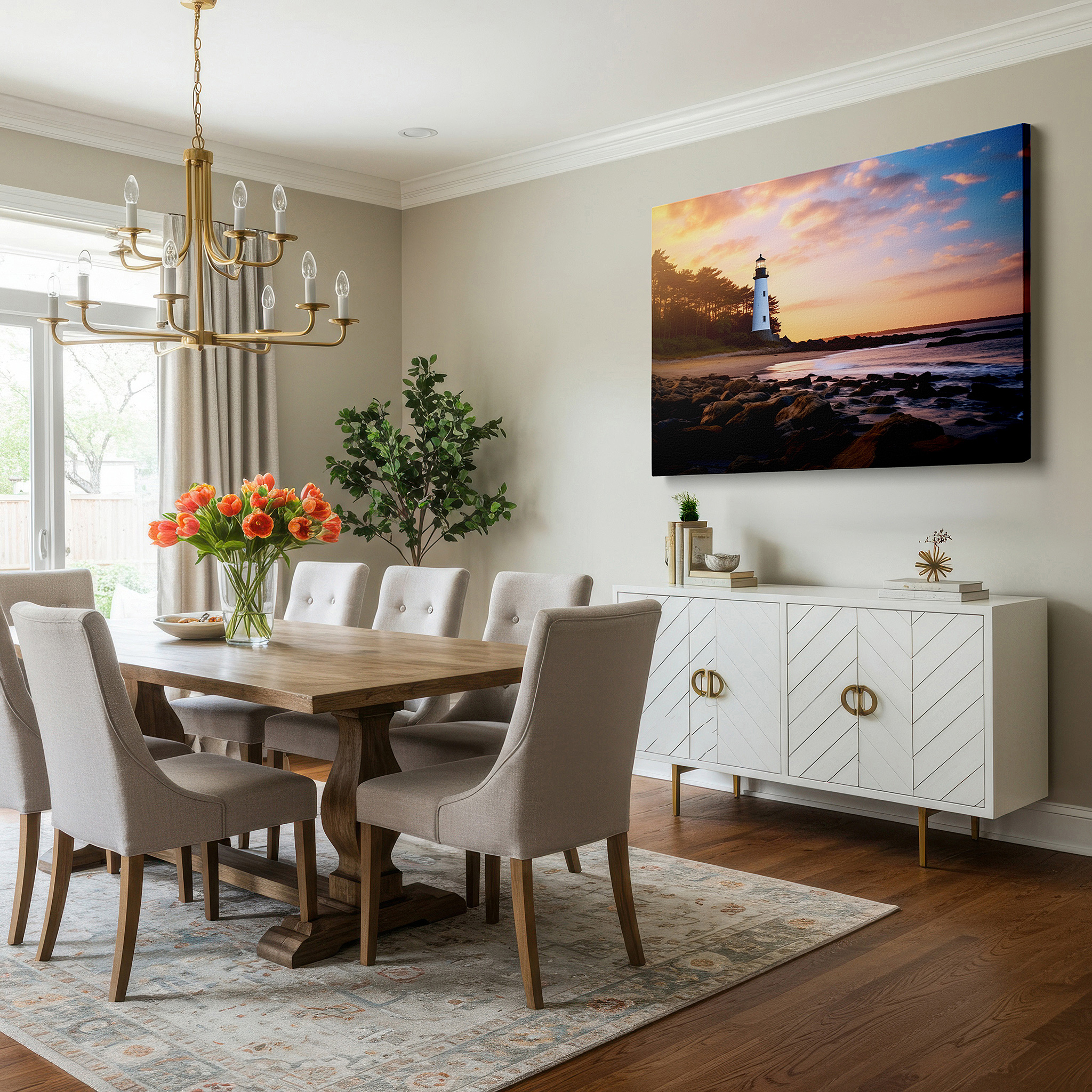 Framed by abstract decor and natural-toned accessories — serene coastal lighthouse at sunset: large wall art featuring fiery skies and gentle waves, ideal for office and bedroom decor