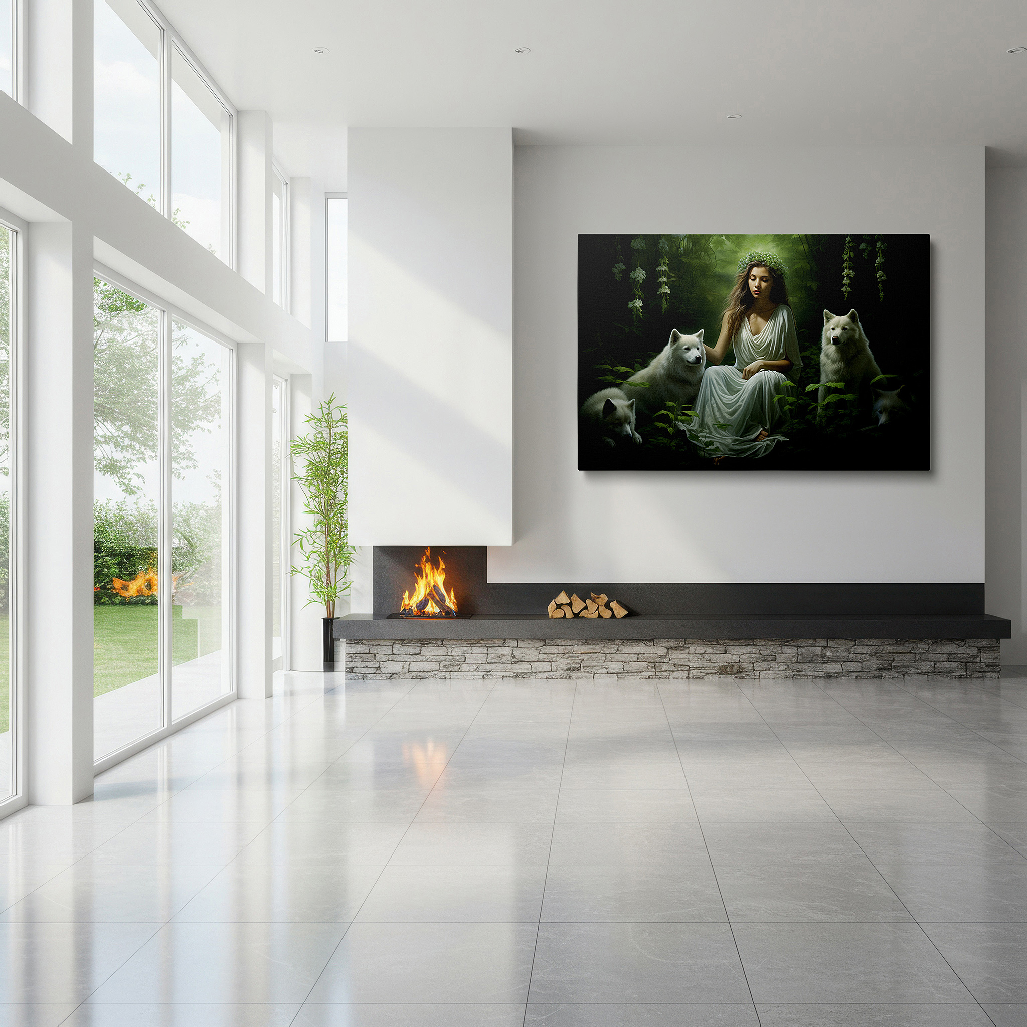 Framed by abstract decor and natural-toned accessories — serene harmony wall art: woman and white wolves in enchanted forest - large canvas art for office and bedroom decor