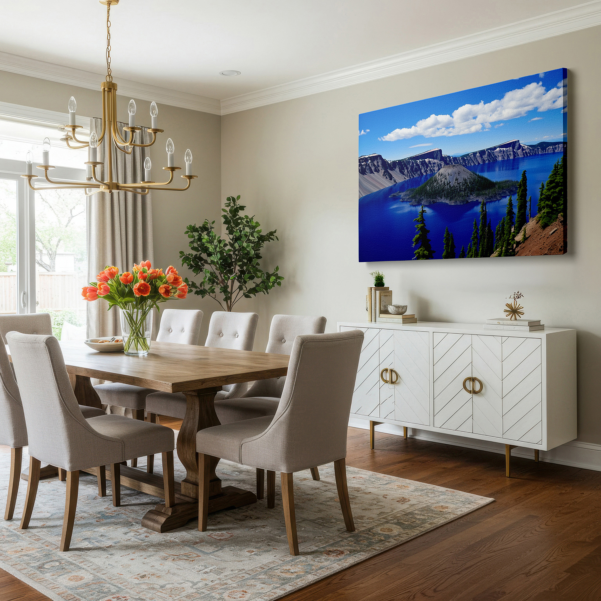 Framed by abstract decor and natural-toned accessories — serene lake and grand cliffs beneath a golden sky: oversized wall art, canvas art, decorative wall art for offices, bedrooms, and living rooms