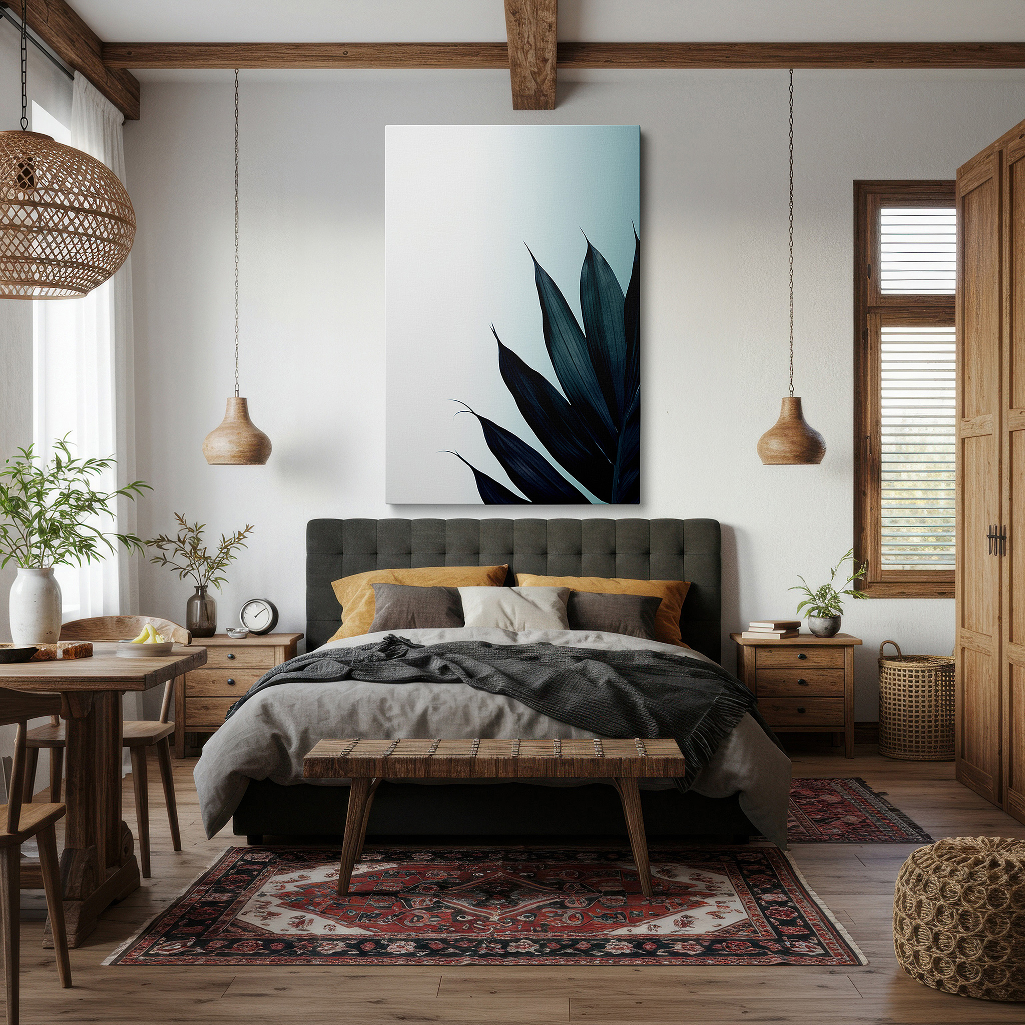Framed by abstract decor and natural-toned accessories — serene leaves at dawn's gradient: emblem of resilience and growth, minimalist large wall art, canvas decor for office
