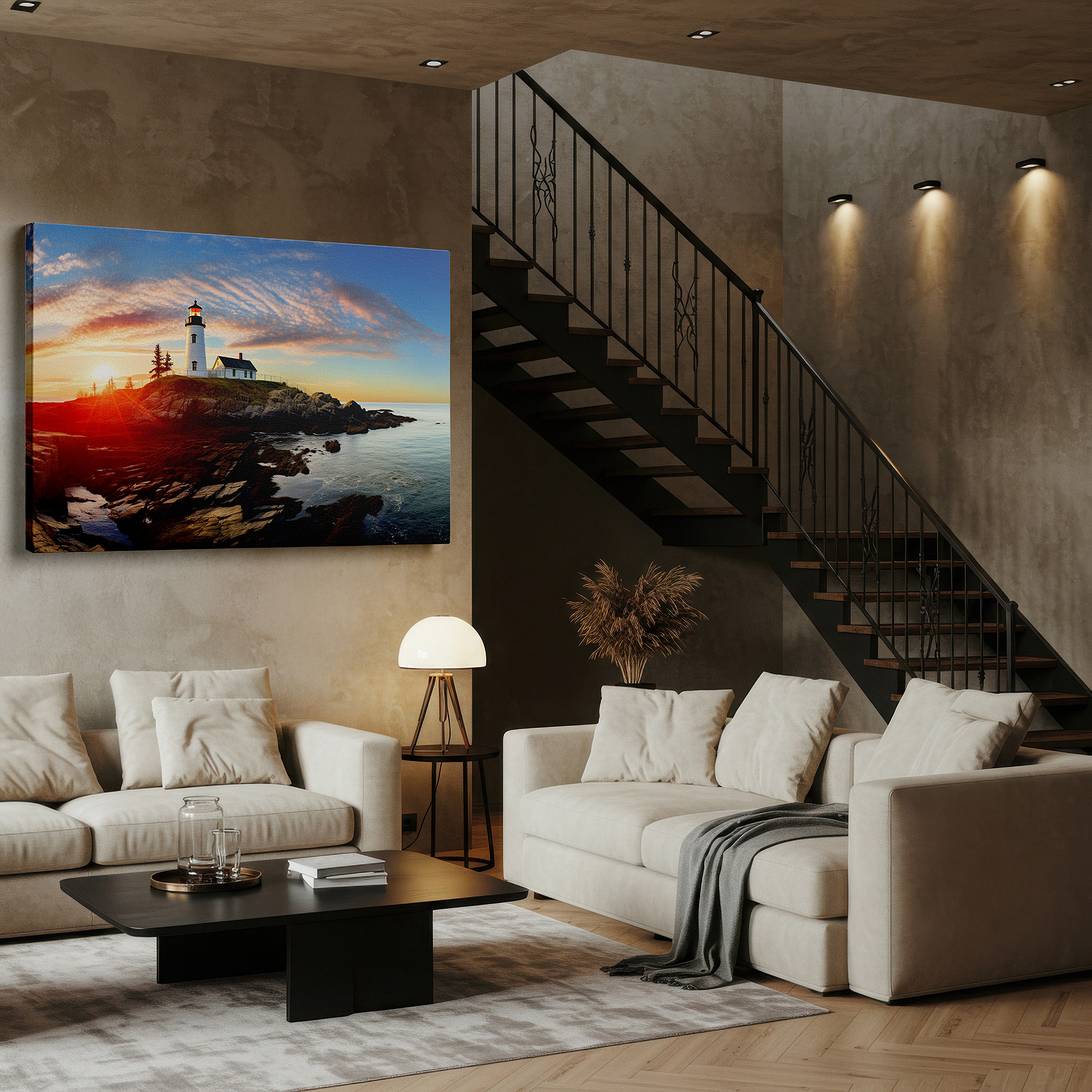 Framed by abstract decor and natural-toned accessories — serene lighthouse at sunset: emblem of hope and resilience - dramatic nature scene large wall art, canvas wall art, wall decor for office