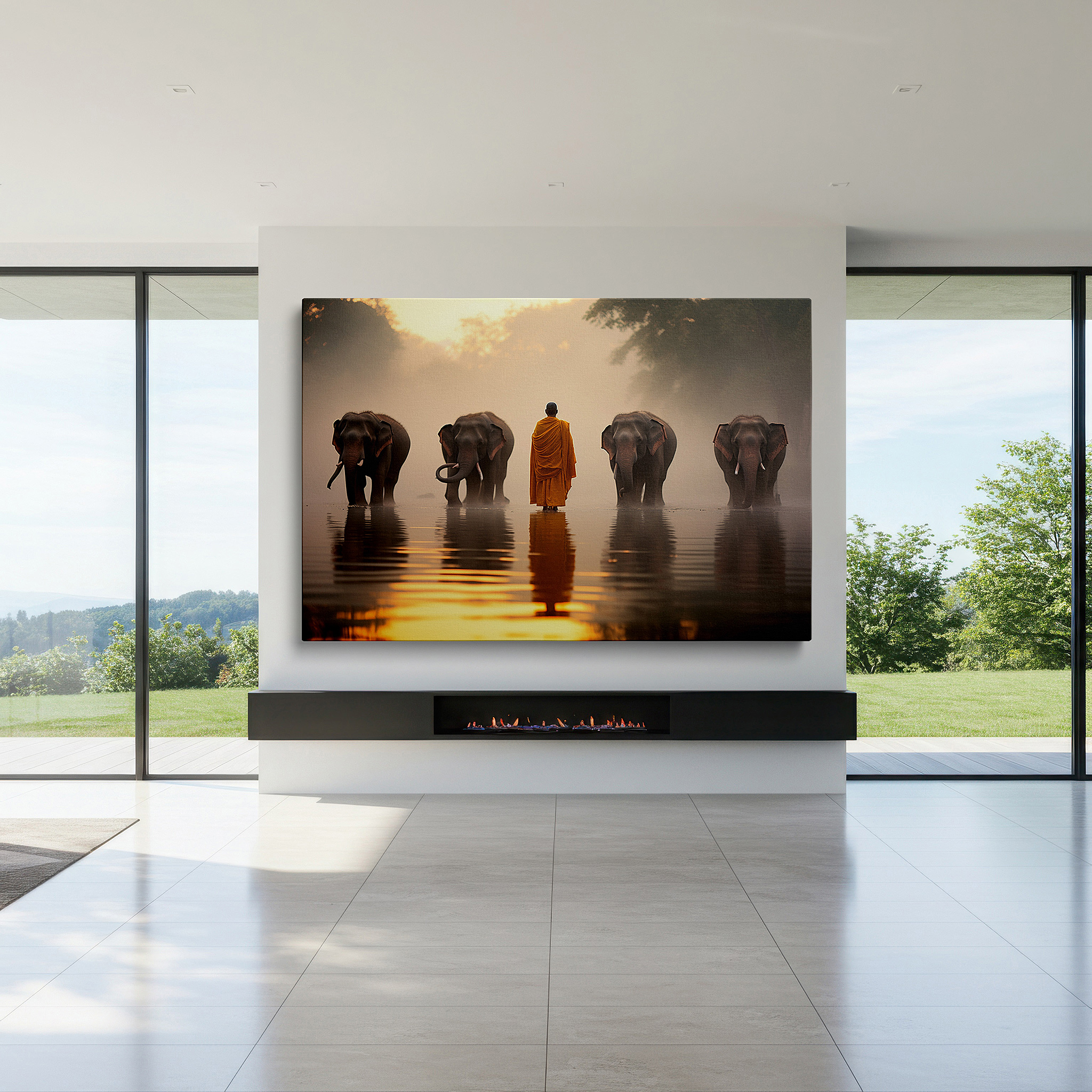 Framed by abstract decor and natural-toned accessories — serene monk and majestic elephants at sunset by the misty river wall art - large canvas decor for office, bedroom, and living room