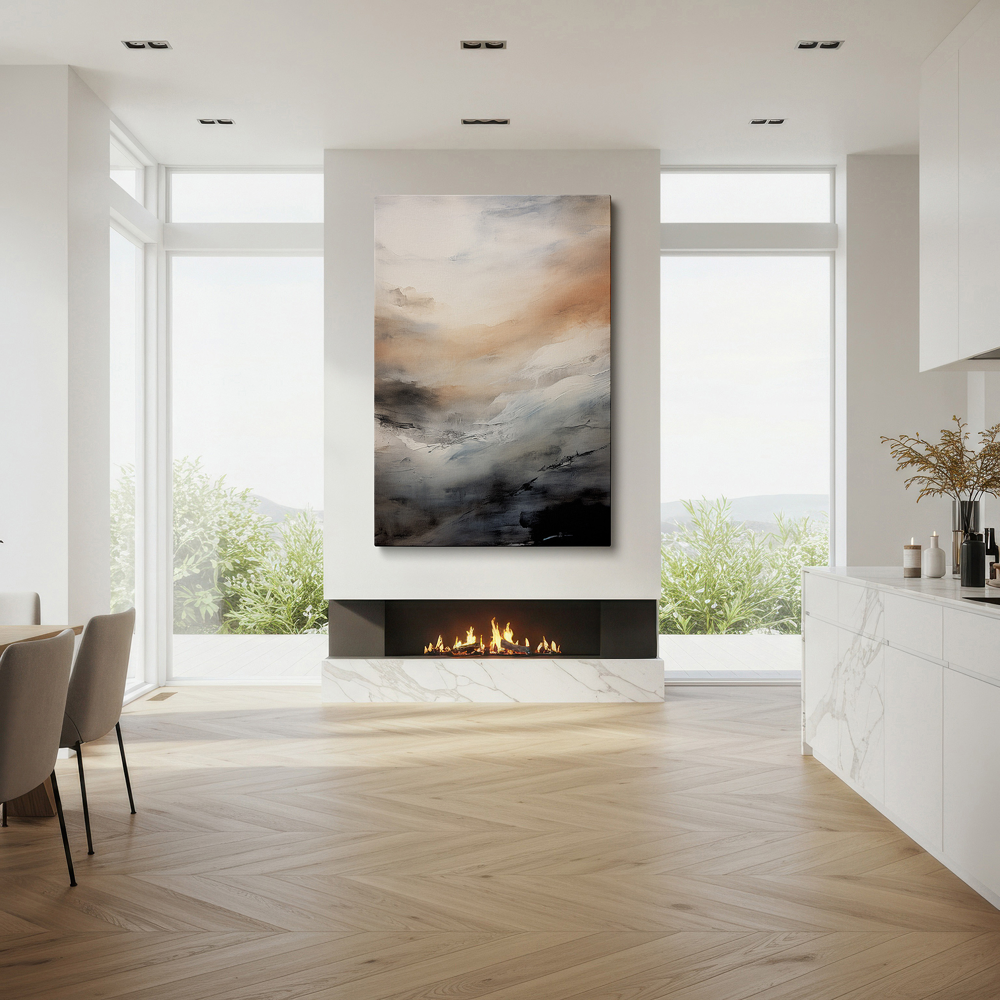 Framed by abstract decor and natural-toned accessories — serene monochromatic landscape: peaceful natural scene for reflection - large canvas wall art for office and bedroom decor