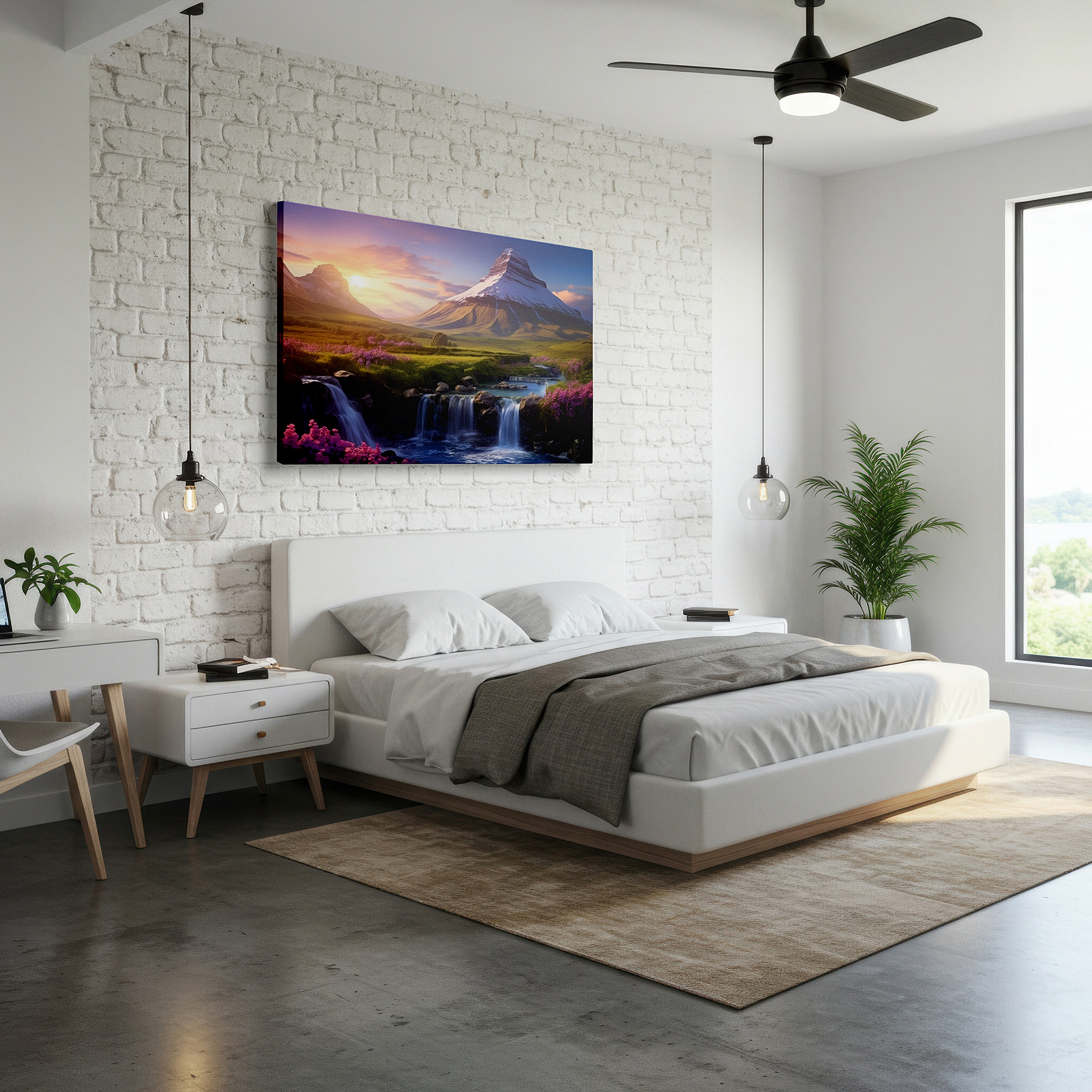 Framed by abstract decor and natural-toned accessories — serene mountain scenery with bright flowers and grand waterfalls - oversized wall art, canvas print, home and office decor