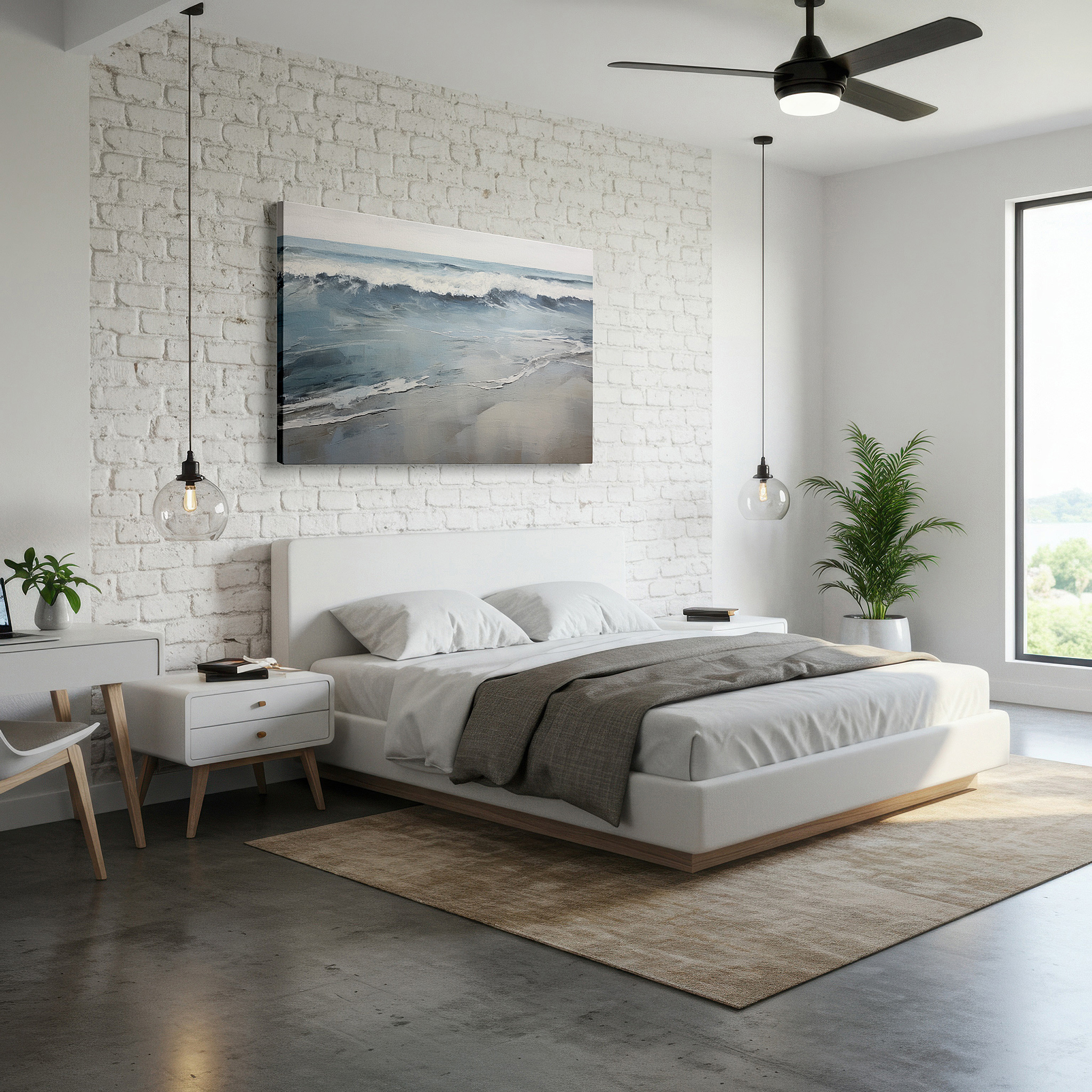Framed by abstract decor and natural-toned accessories — serene ocean view with soft waves and sandy beaches, large canvas wall art for home and office decor