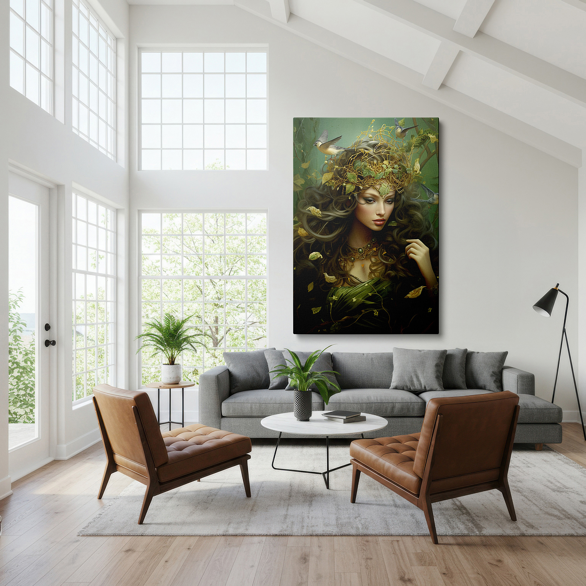 Framed by abstract decor and natural-toned accessories — serene protector of nature, woman surrounded by lush greenery large wall art, canvas wall art, wall decor for office and bedroom