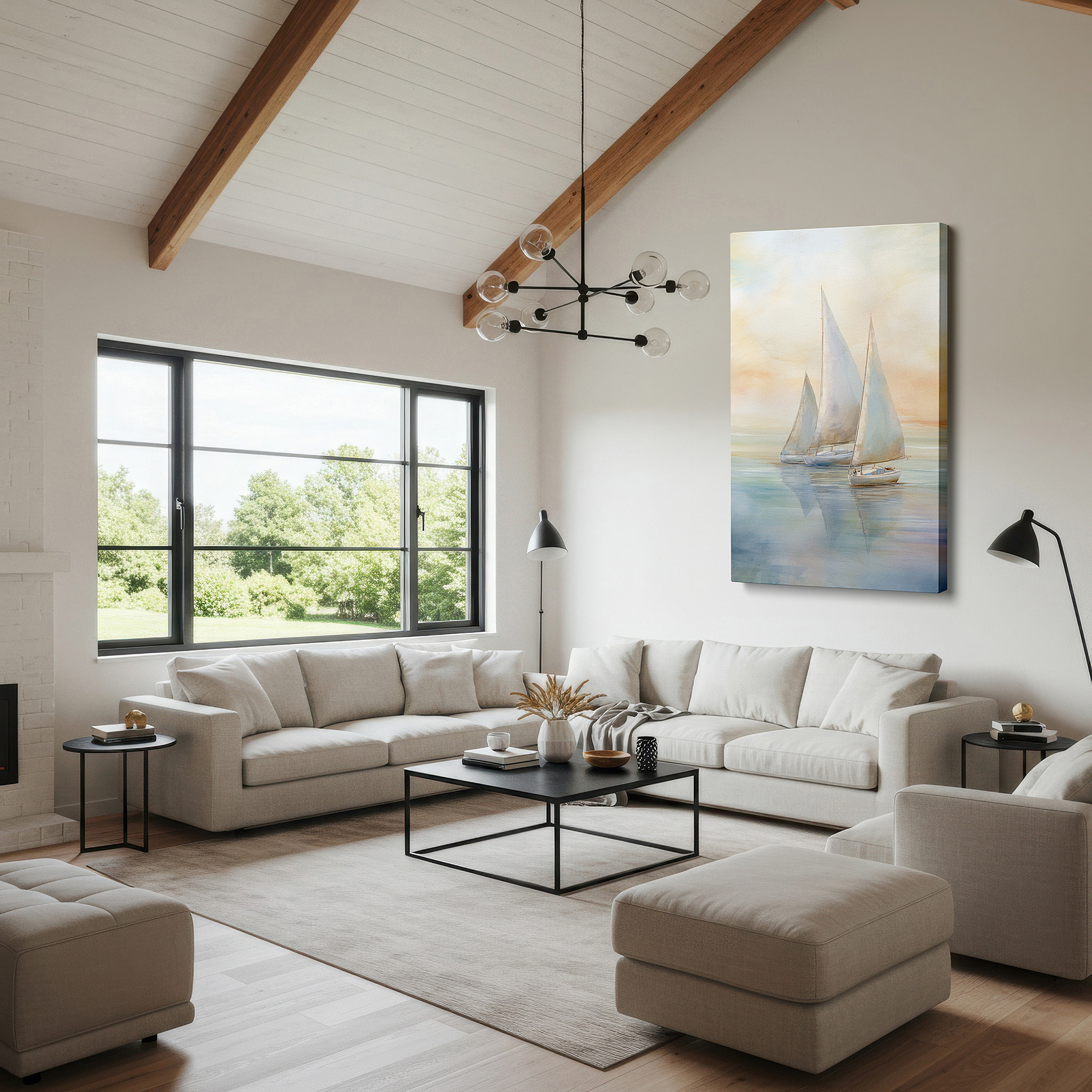Framed by abstract decor and natural-toned accessories — serene sailboats at sunset wall art: large canvas featuring gentle breeze and pastel skies, ideal for office, bedroom, or living room decor