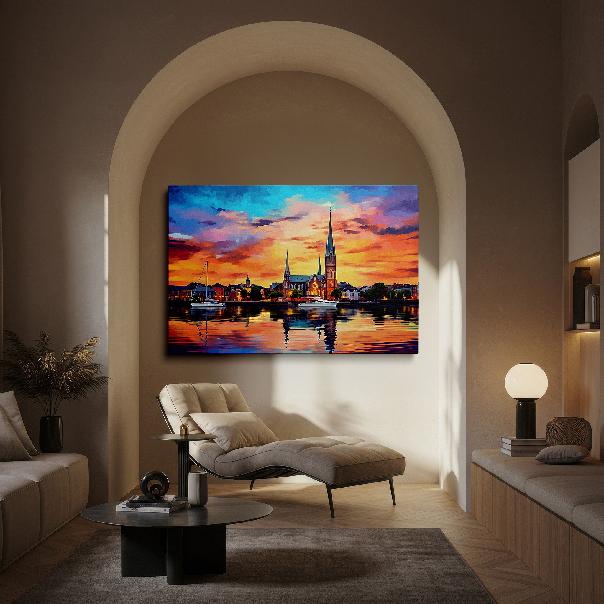 Framed by abstract decor and natural-toned accessories — serene sanctuary historical church canvas wall art surrounded by nature, ideal for office, bedroom, and living room decor