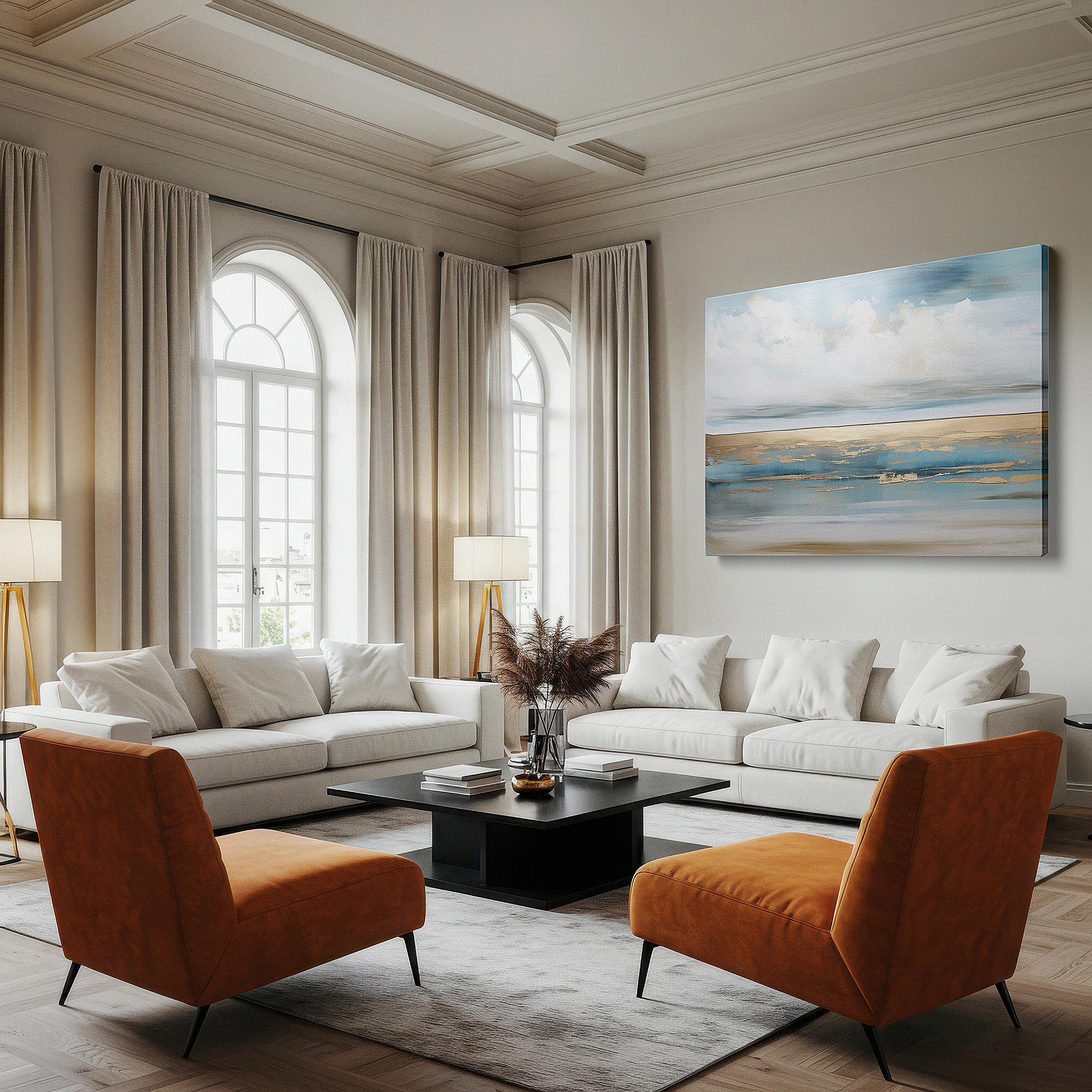 Framed by abstract decor and natural-toned accessories — serene seascape canvas art in blues and greens with golden sunlight reflections, ideal for office and bedroom wall decor