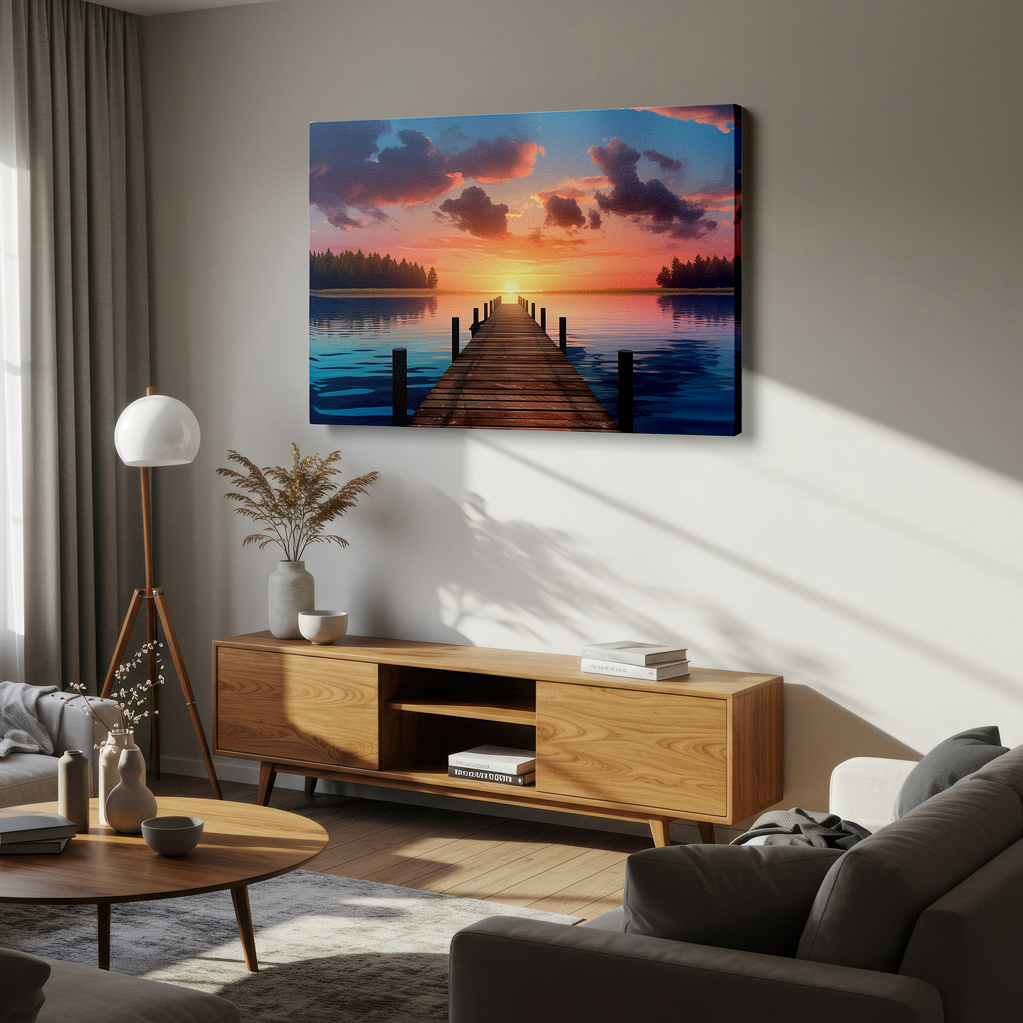 Framed by abstract decor and natural-toned accessories — serene sunset and tranquil lake with rustic dock large canvas wall art for office, bedroom, and living room decor