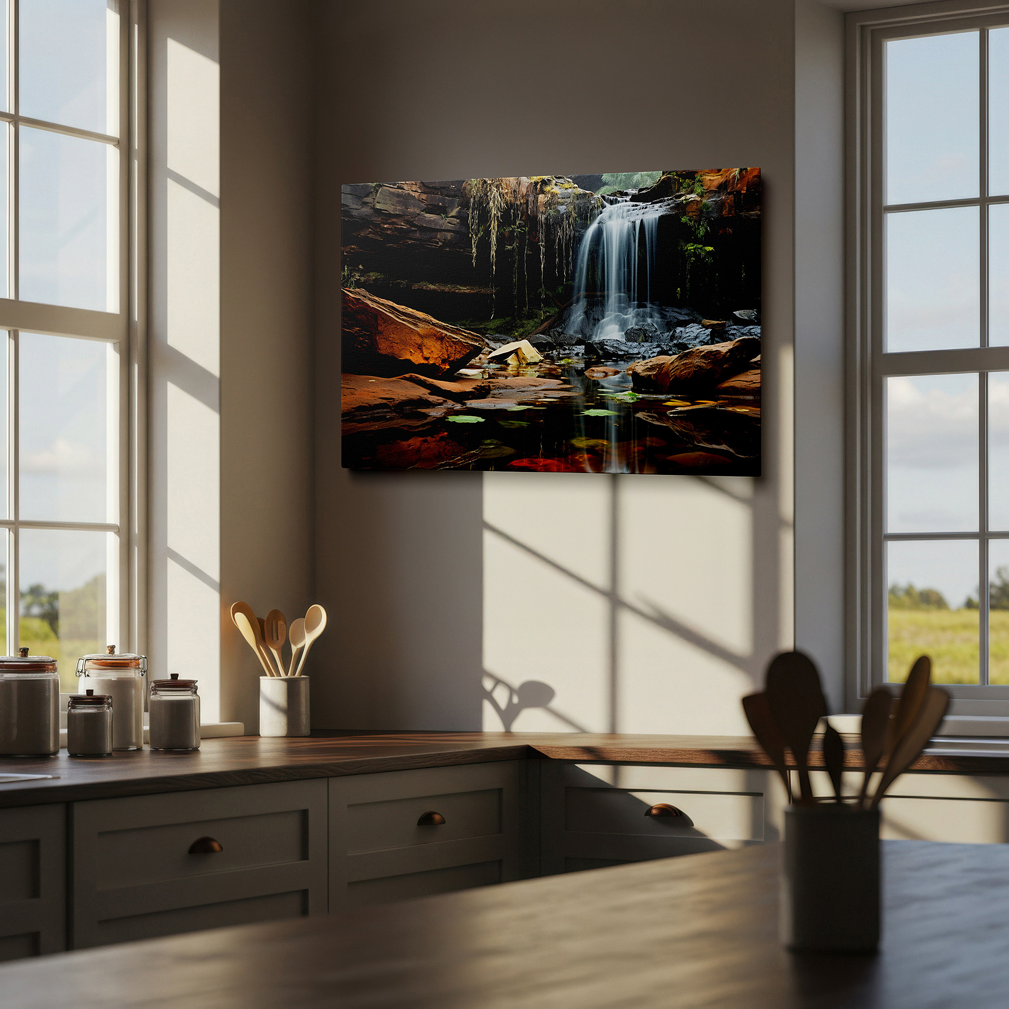 Framed by abstract decor and natural-toned accessories — serene waterfall surrounded by steep cliffs and verdant foliage large wall art, canvas wall art, wall decor for office and bedroom