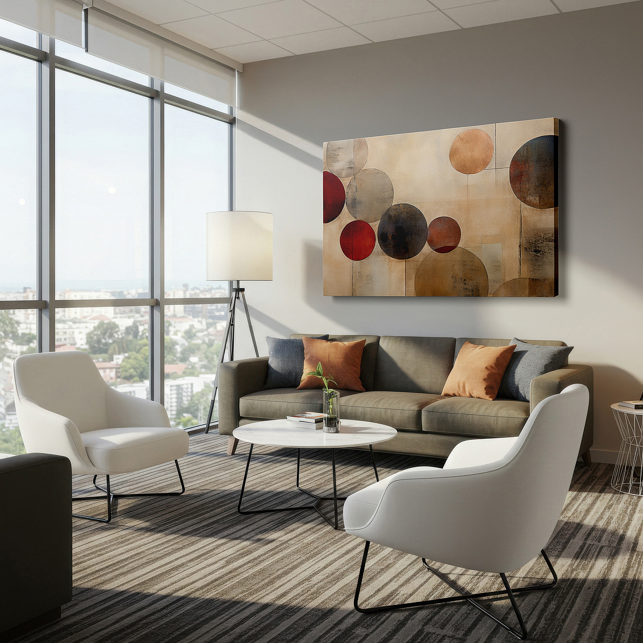 Framed by abstract decor and natural-toned accessories — soft pastel tranquil circles, minimalist serene elegance large wall art, canvas wall decor for office