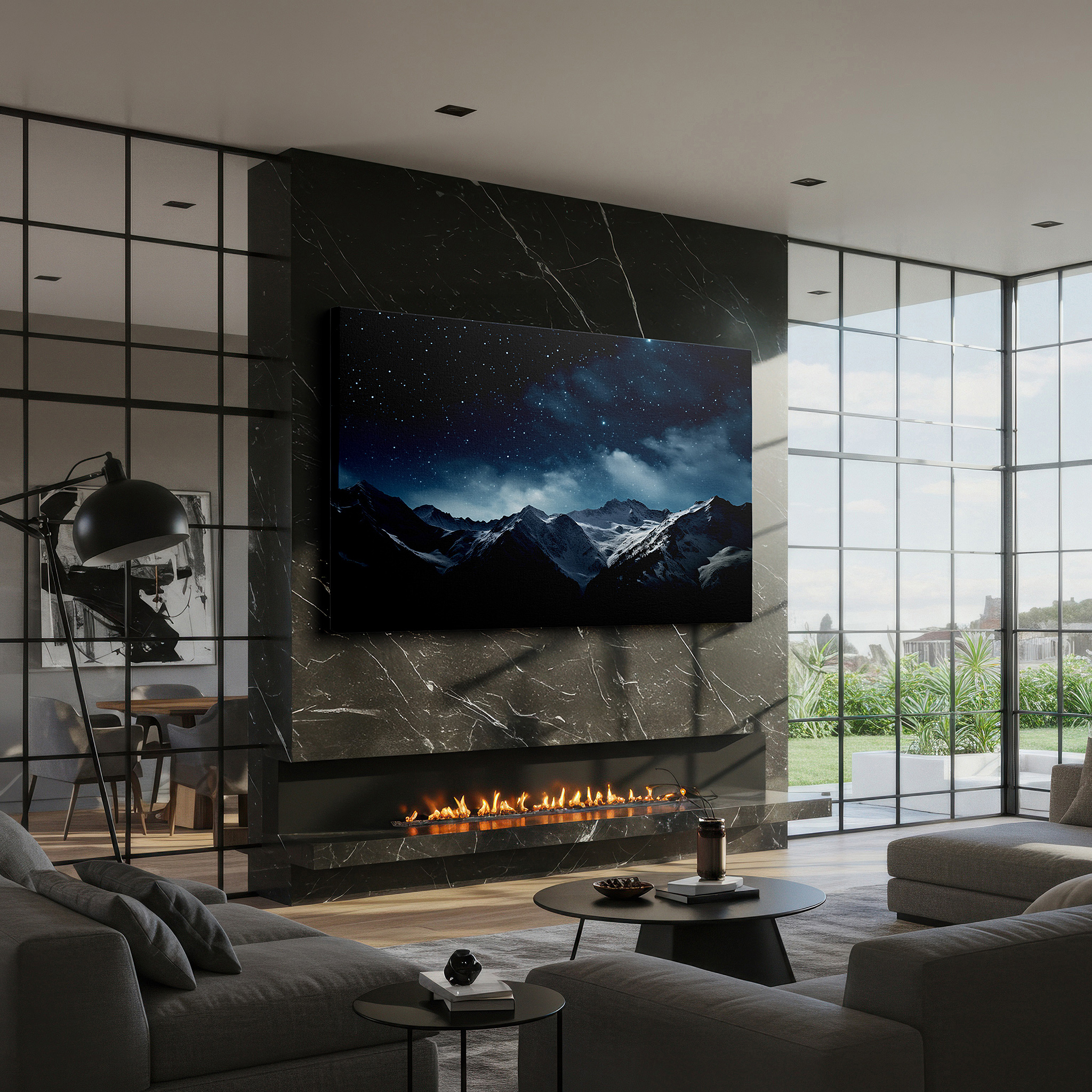 Framed by abstract decor and natural-toned accessories — starry skies over celestial mountains, serene snow and cosmic beauty large wall art, canvas wall art, wall decor for office