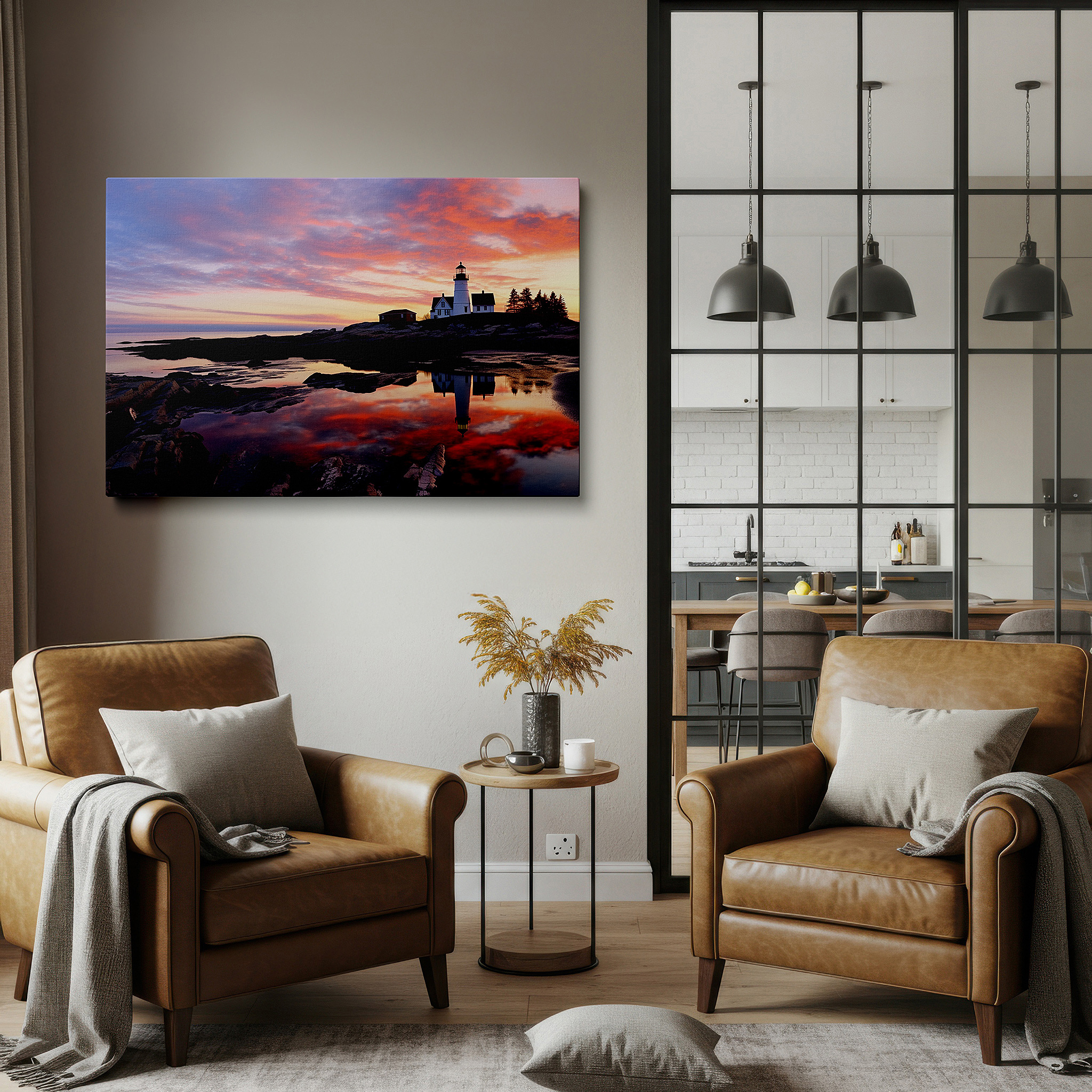 Framed by abstract decor and natural-toned accessories — stunning lighthouse canvas wall art: a symbol of guidance against a vibrant coastal sunset, perfect for home decor