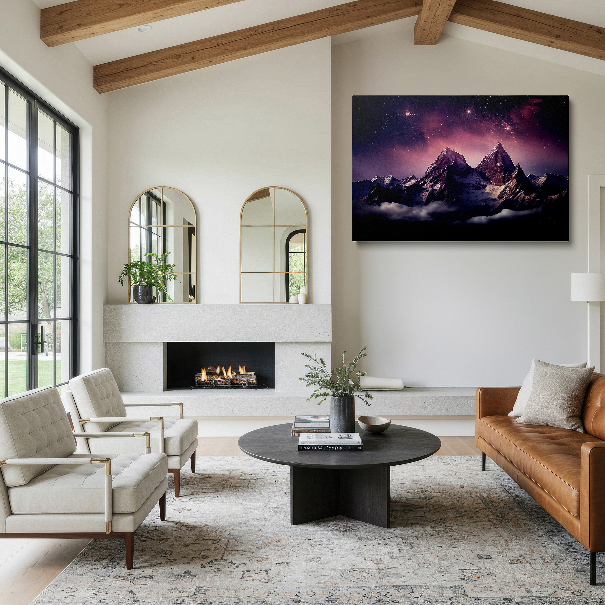 Framed by abstract decor and natural-toned accessories — stunning mountains under a starry sky: spectacular nature scene large wall art, canvas wall art, wall decor for office