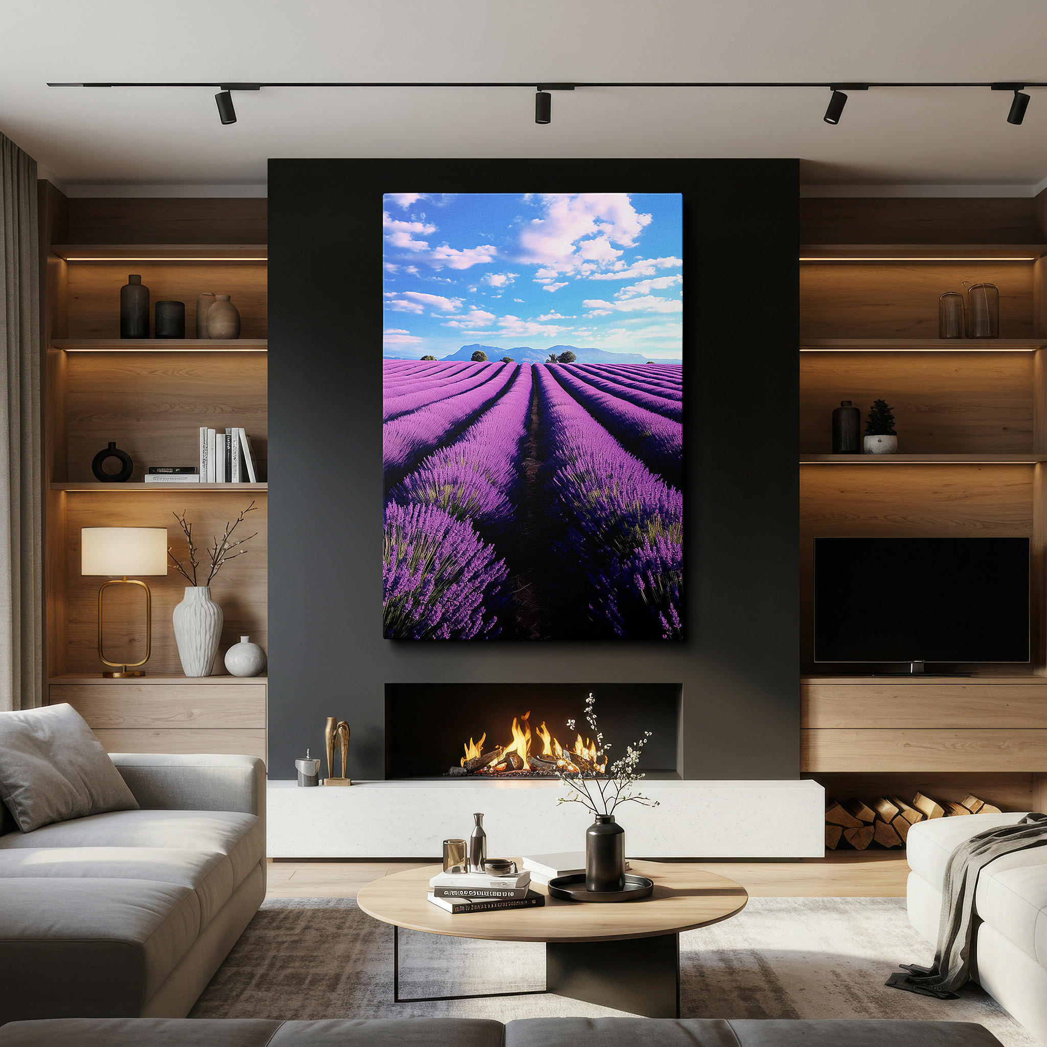 Framed by abstract decor and natural-toned accessories — sunlit lavender fields, tranquil nature large canvas wall art for office, bedroom, and living room decor