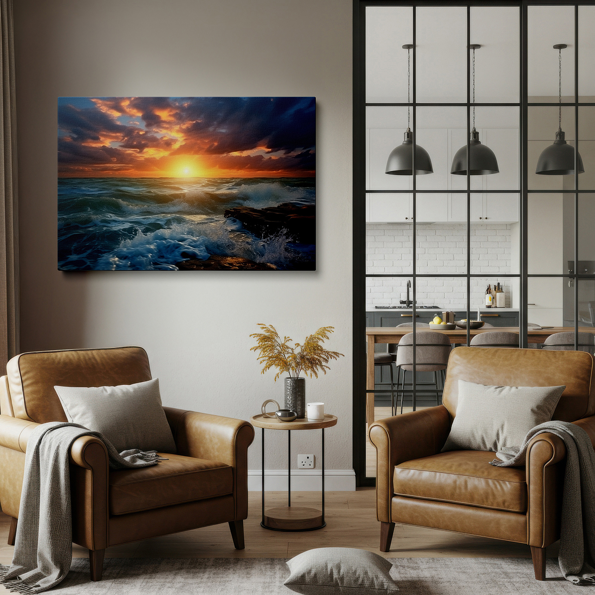 Framed by abstract decor and natural-toned accessories — sunset embraces the horizon: fiery waves and rugged shores large wall art, canvas wall art, wall decor for office, bedroom, and living room