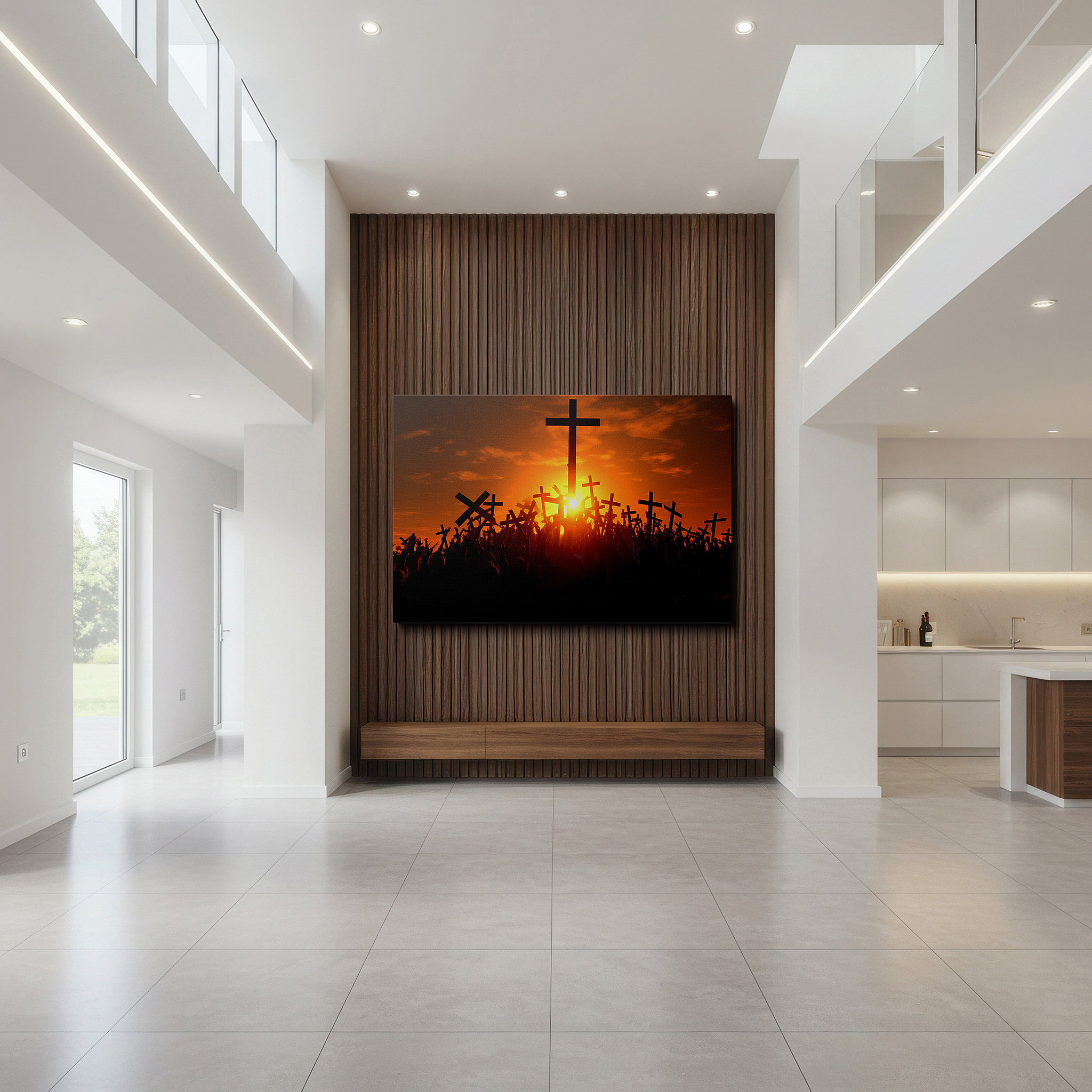 Framed by abstract decor and natural-toned accessories — sunset gathering wall art: faith, unity, and renewal in warm hues - large canvas for office, bedroom, and living room decor