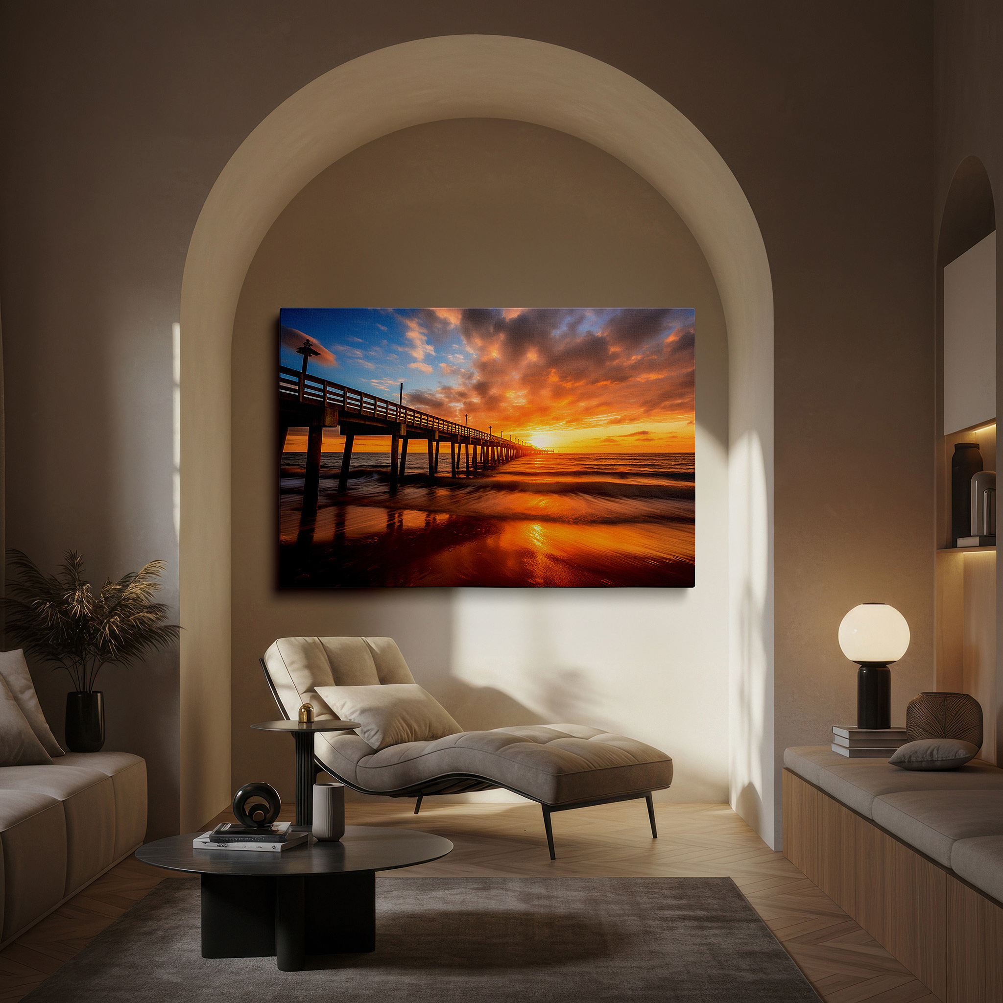 Framed by abstract decor and natural-toned accessories — sunset serenade at the ocean pier: a vivid display of nature's palette - large canvas wall art for office and bedroom decor