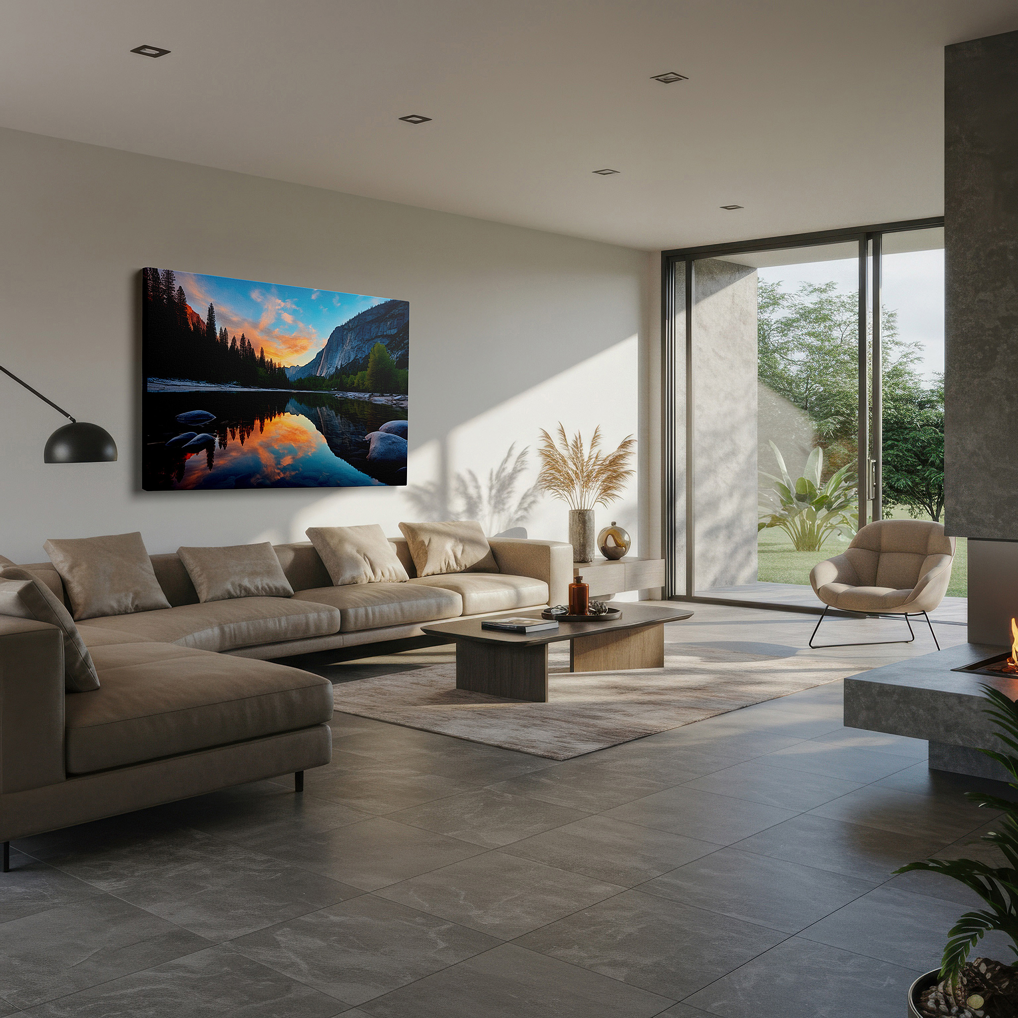 Framed by abstract decor and natural-toned accessories — sunset serenity over tranquil mountain lake: large canvas wall art depicting nature's peaceful grandeur for home and office decor