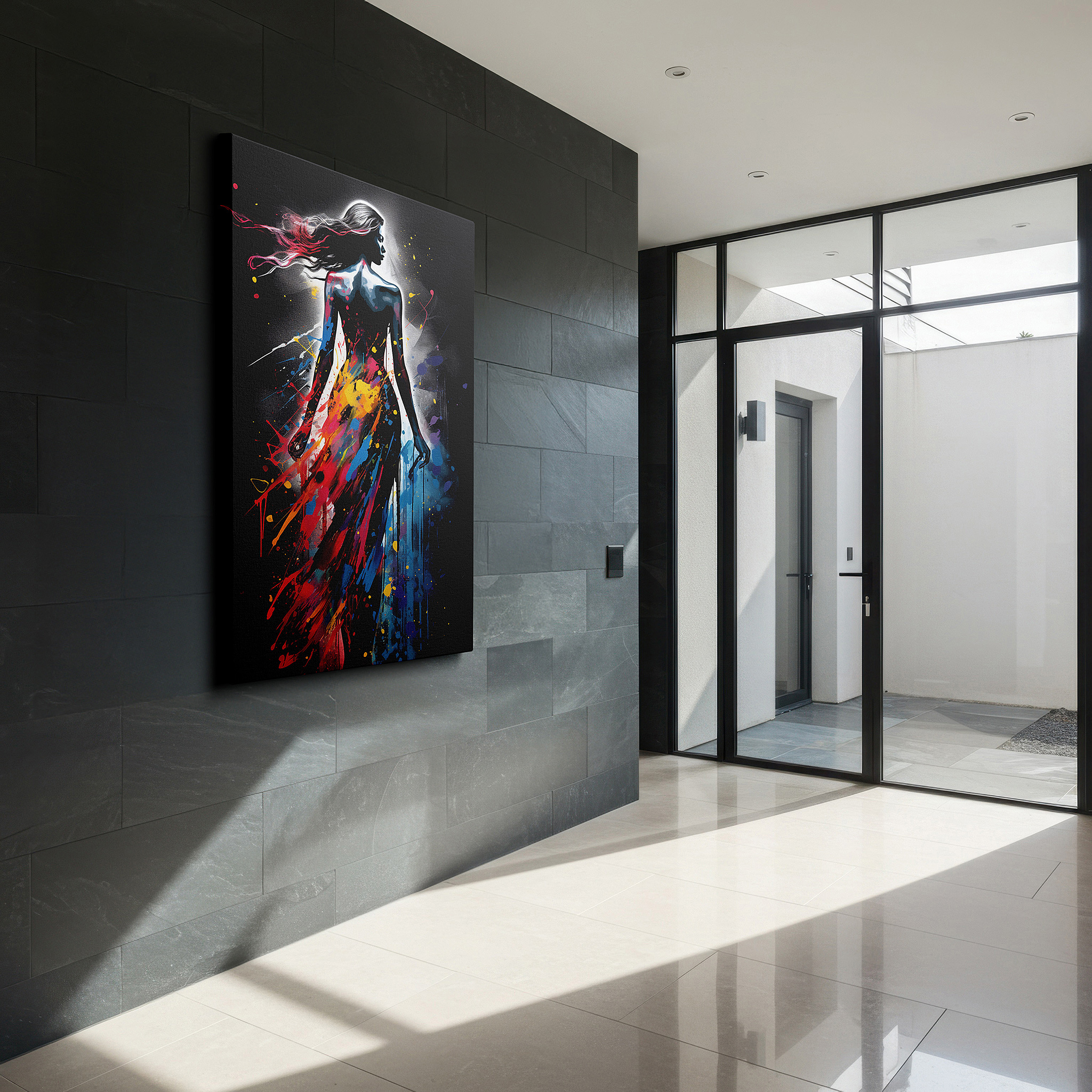 Framed by abstract decor and natural-toned accessories — timeless elegance and femininity: woman's silhouette against vivid color burst - large canvas wall art decor