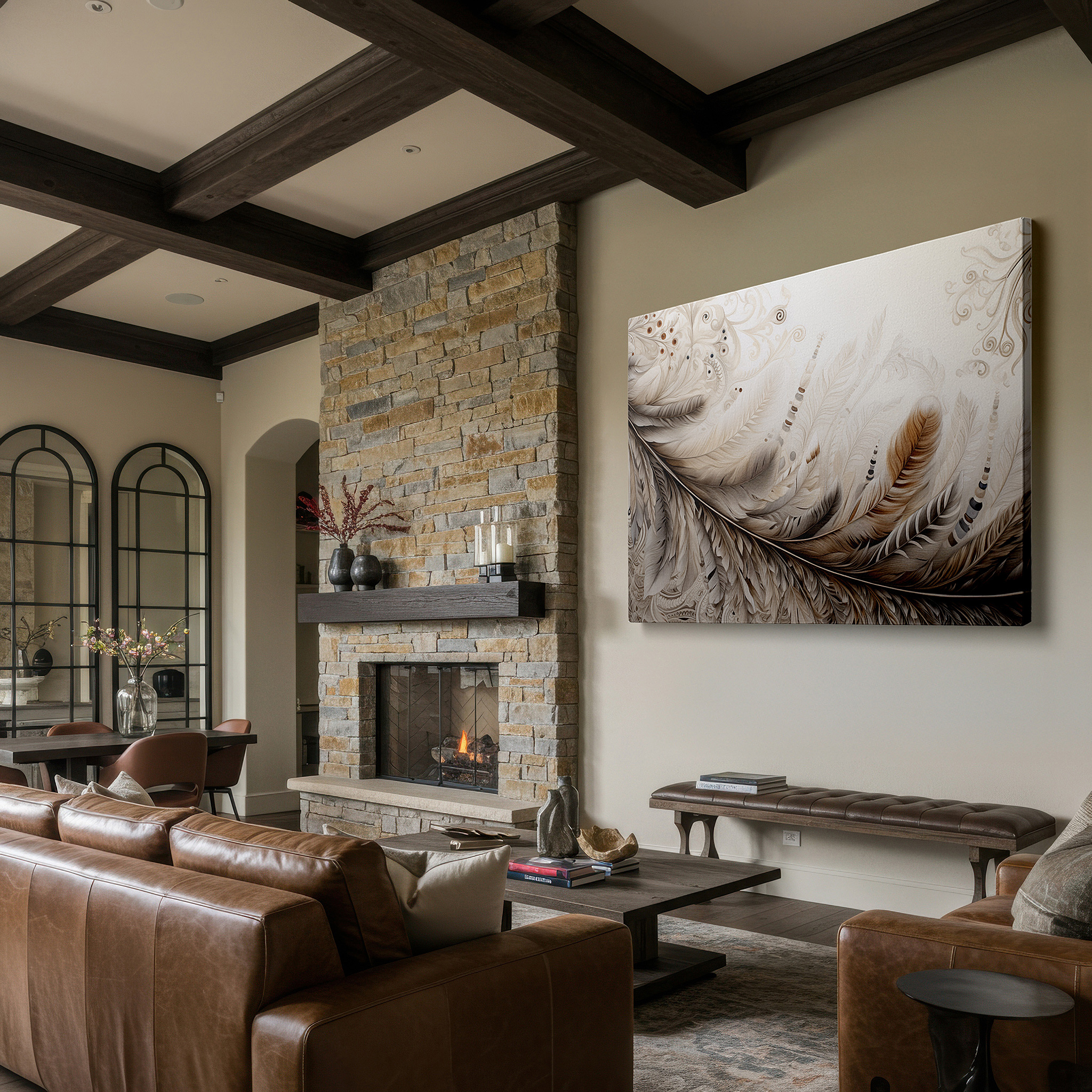 Framed by abstract decor and natural-toned accessories — tranquil feathers wall art in earthy tones: serene nature-inspired elegance for large spaces, canvas wall decor for offices and bedrooms.