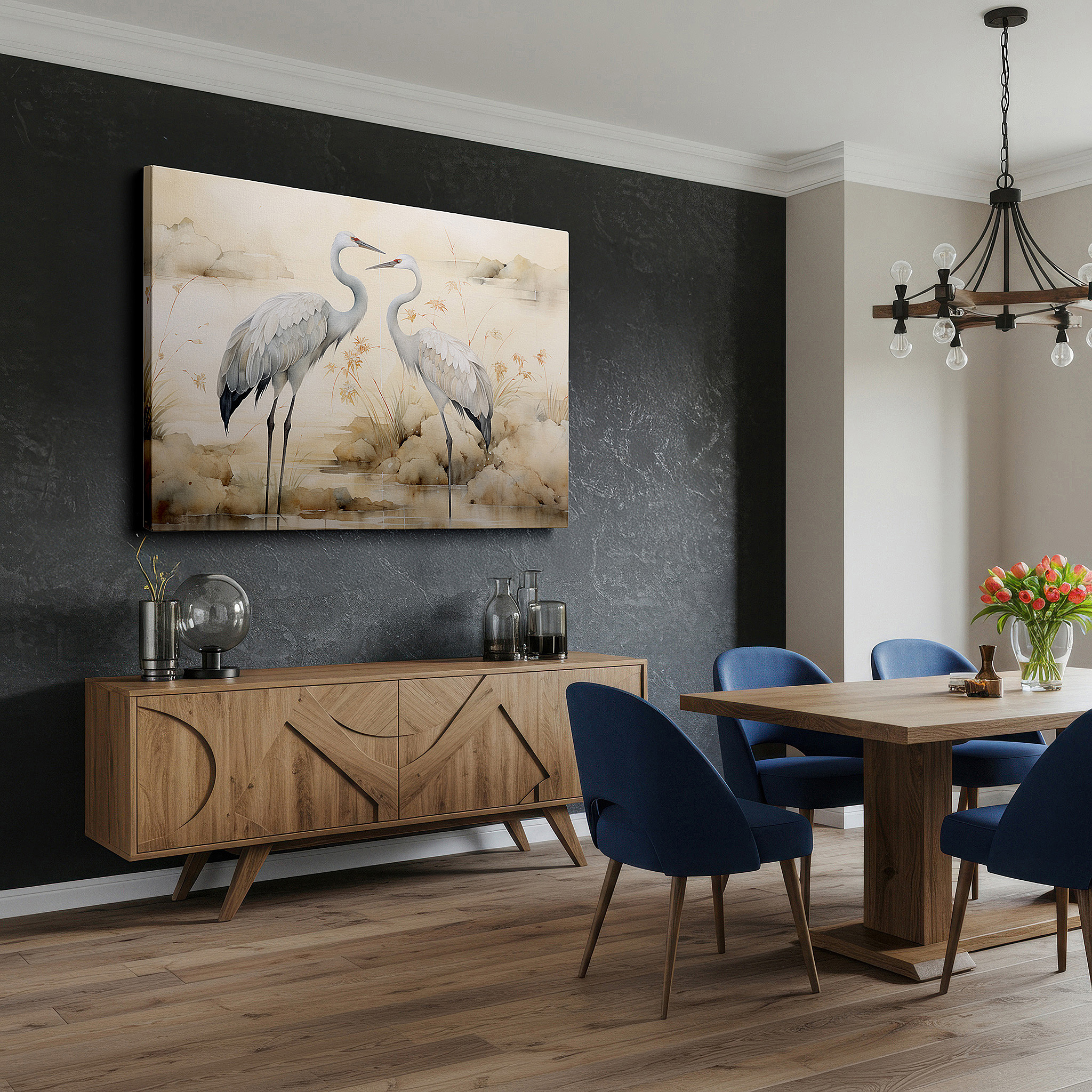 Framed by abstract decor and natural-toned accessories — tranquil landscape with elegant cranes - serene companionship themed large wall art, canvas wall art, wall decor for office
