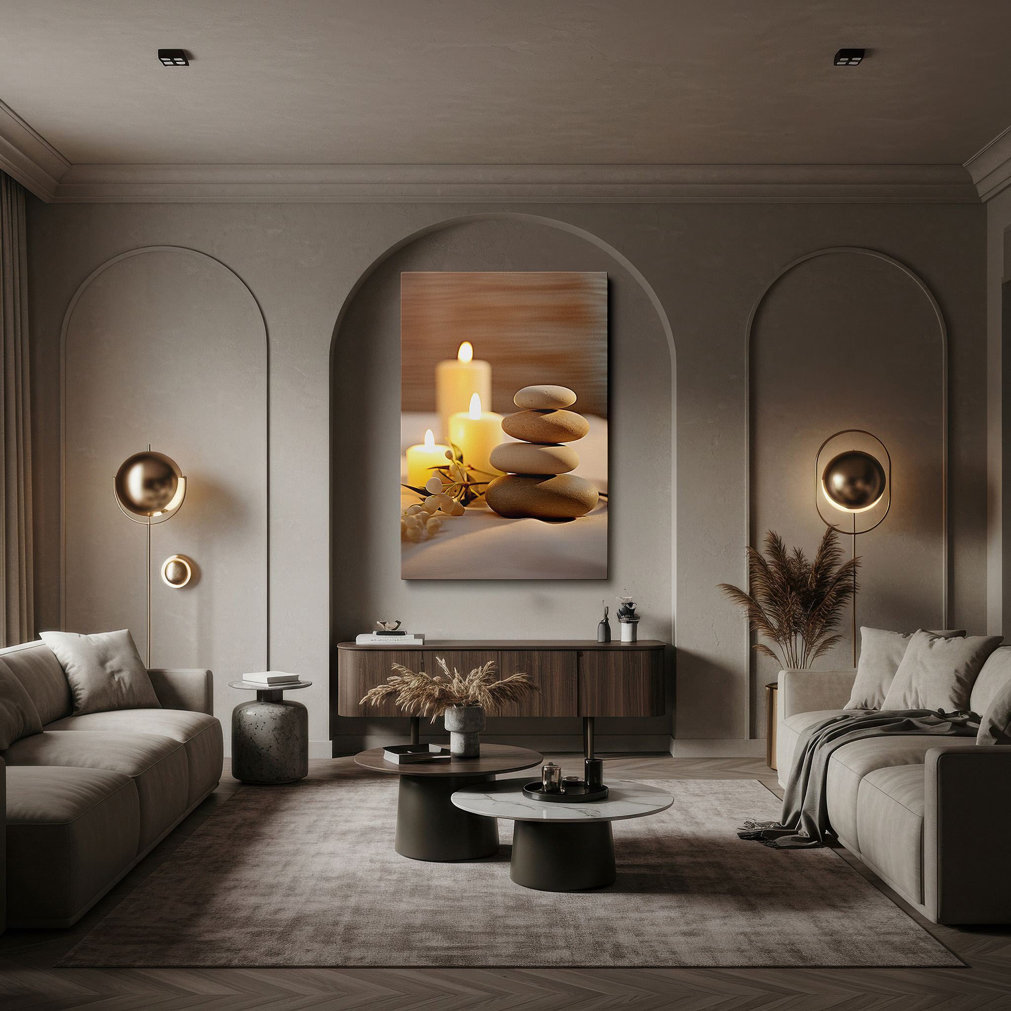 Framed by abstract decor and natural-toned accessories — tranquil stones and candlelight wall art: a symbol of balance and inner peace - large canvas art for office and bedroom decor