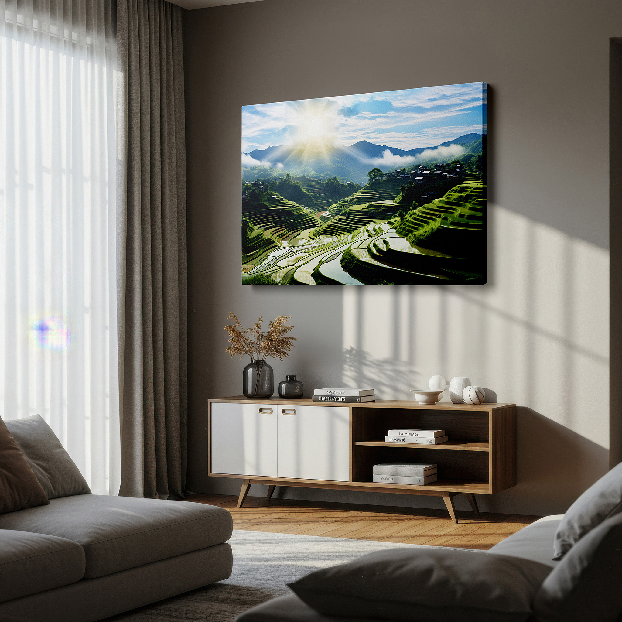 Framed by abstract decor and natural-toned accessories — tranquil terraced rice fields and sunlit mountains large canvas wall art for office, bedroom, and living room decor