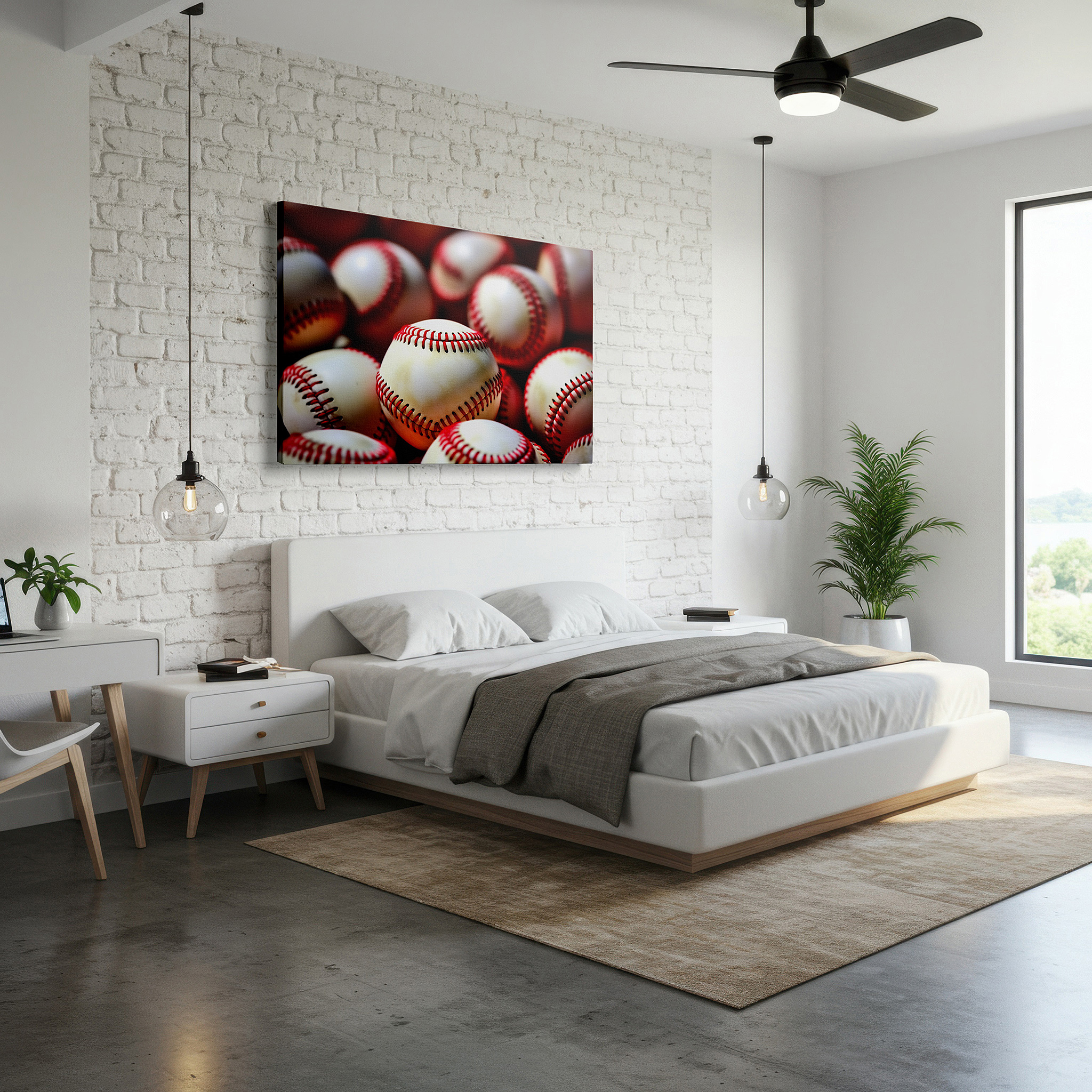 Framed by abstract decor and natural-toned accessories — a tribute to america's favorite sport: precision-made baseballs with classic red stitching - large wall art, canvas wall art, wall decor for office