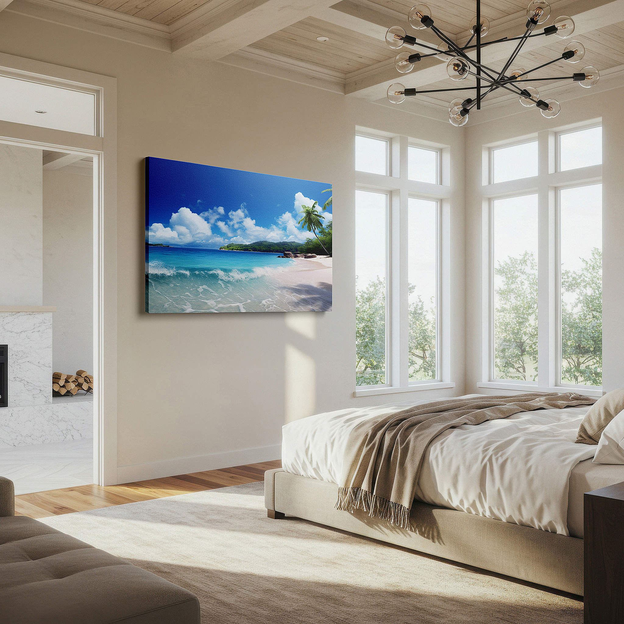 Framed by abstract decor and natural-toned accessories — tropical serenity: large wall art featuring turquoise waters and white sands for office and bedroom decor
