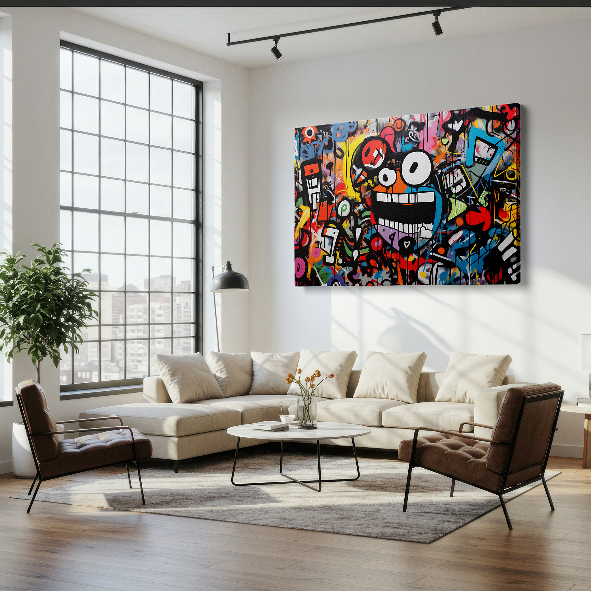 Framed by abstract decor and natural-toned accessories — urban graffiti wall art: dynamic, vibrant, and abstract large canvas for home and office decor