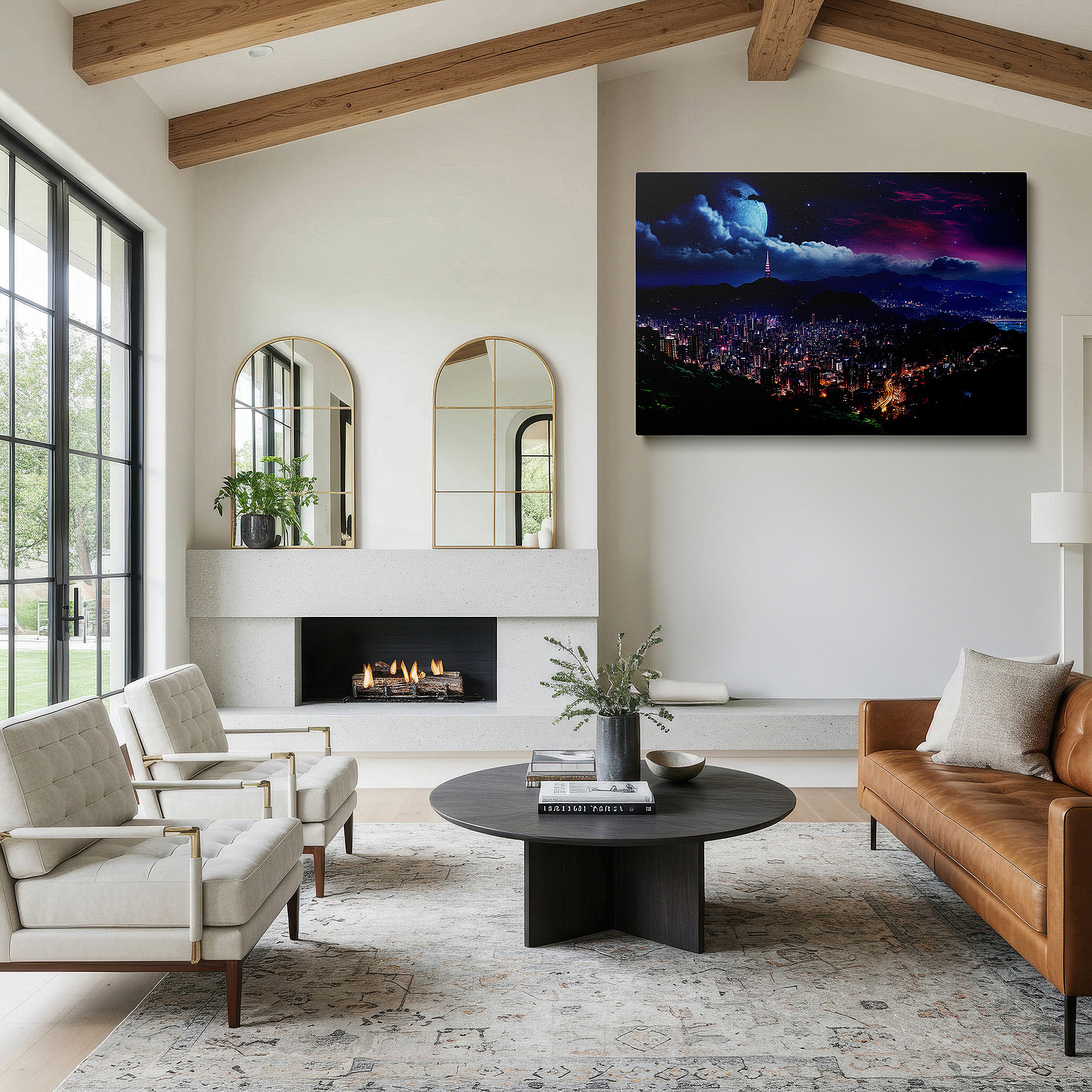 Framed by abstract decor and natural-toned accessories — urban nightscape featuring a bright moon above a bustling city - large canvas wall art for offices, bedrooms, and living rooms