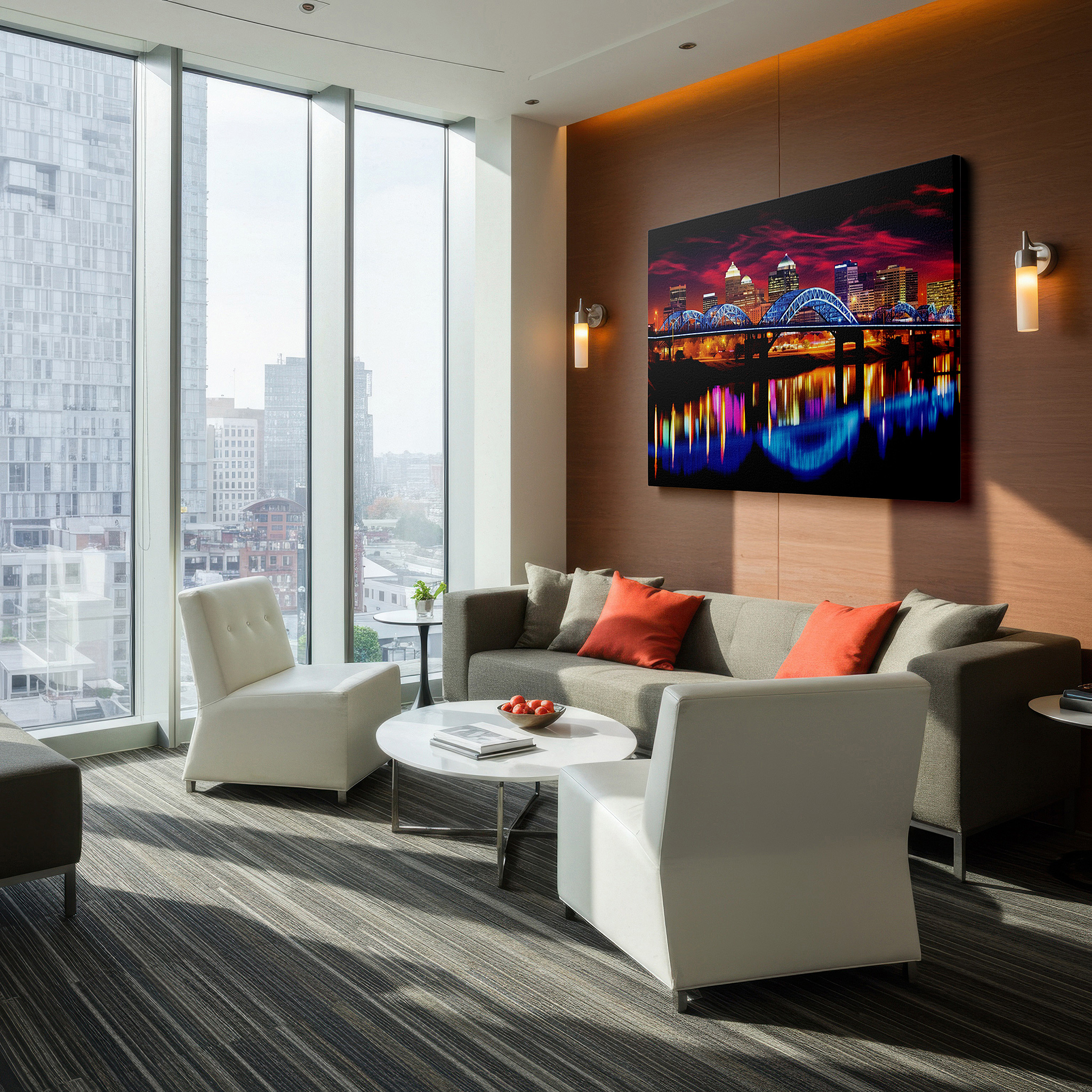 Framed by abstract decor and natural-toned accessories — urban twilight: where day meets night in the cityscape - large canvas wall art for office and bedroom decor